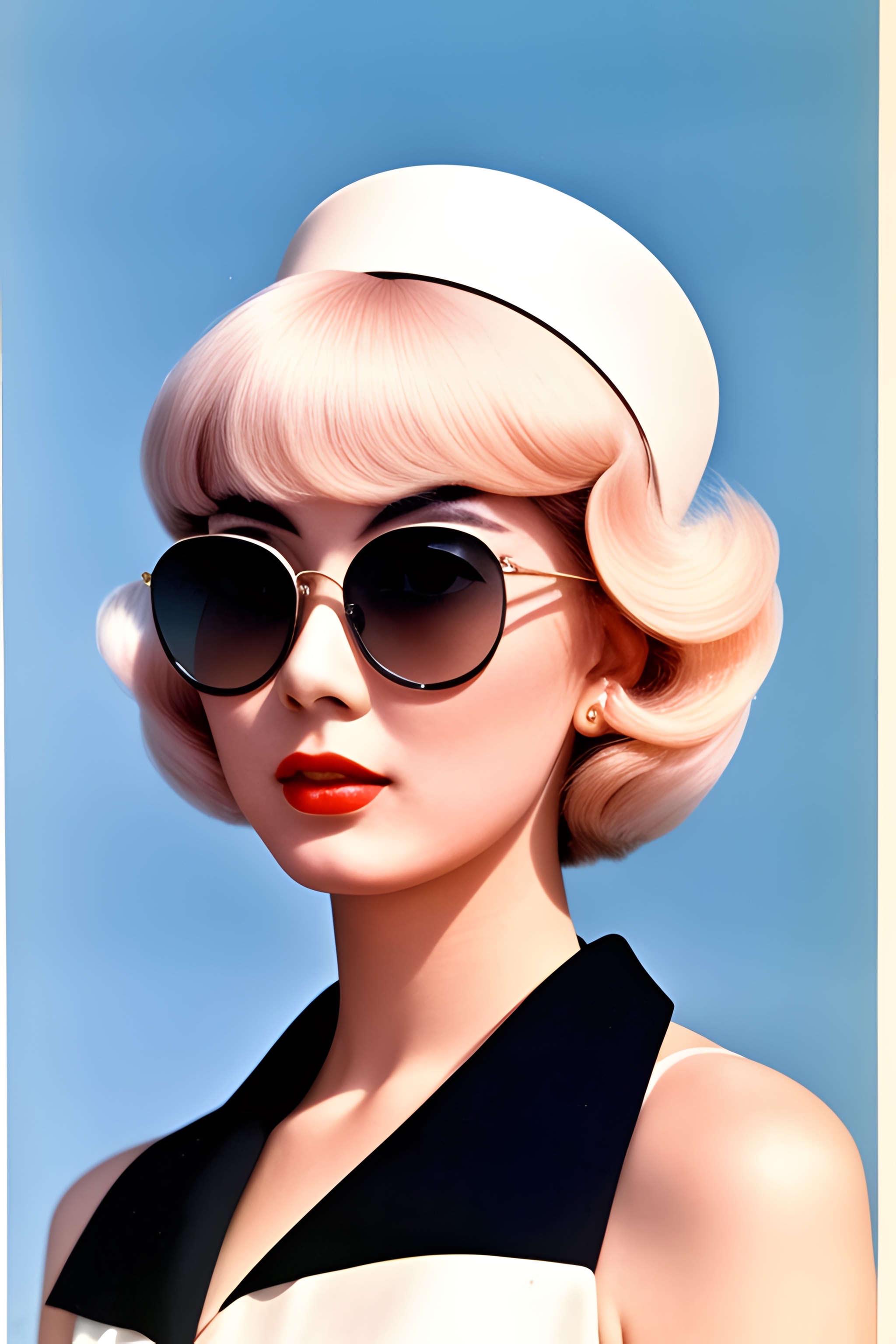 Portrait of Sachi wearing sunglasses and a white hat.
