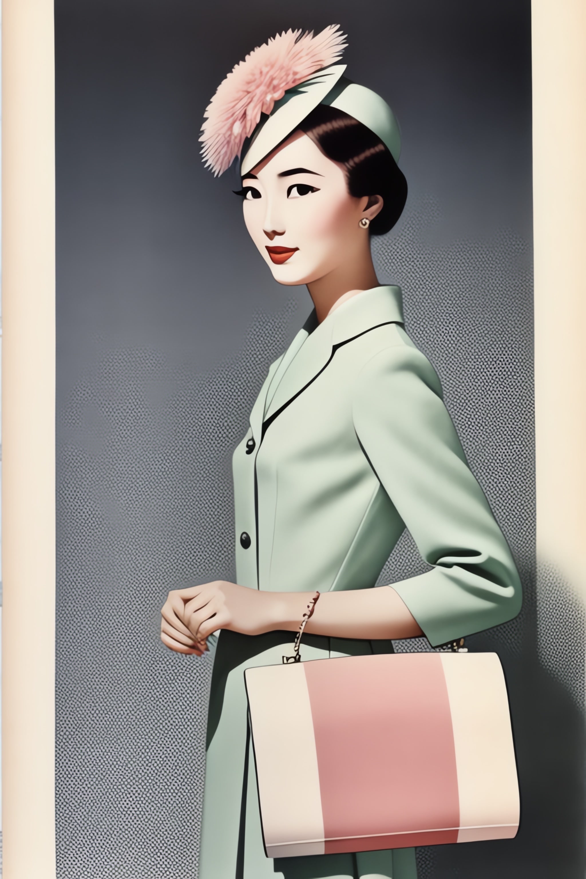 Portrait of Sachika, a woman in a mint green suit and pink hat, carrying a pink and white handbag.