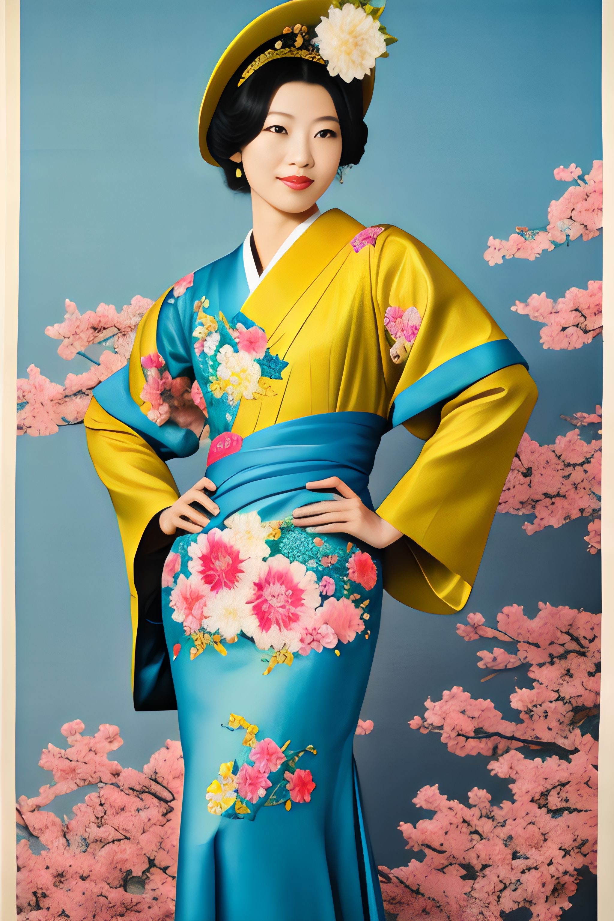Portrait of Sammy in a floral Hanbok against a blue background with cherry blossoms.