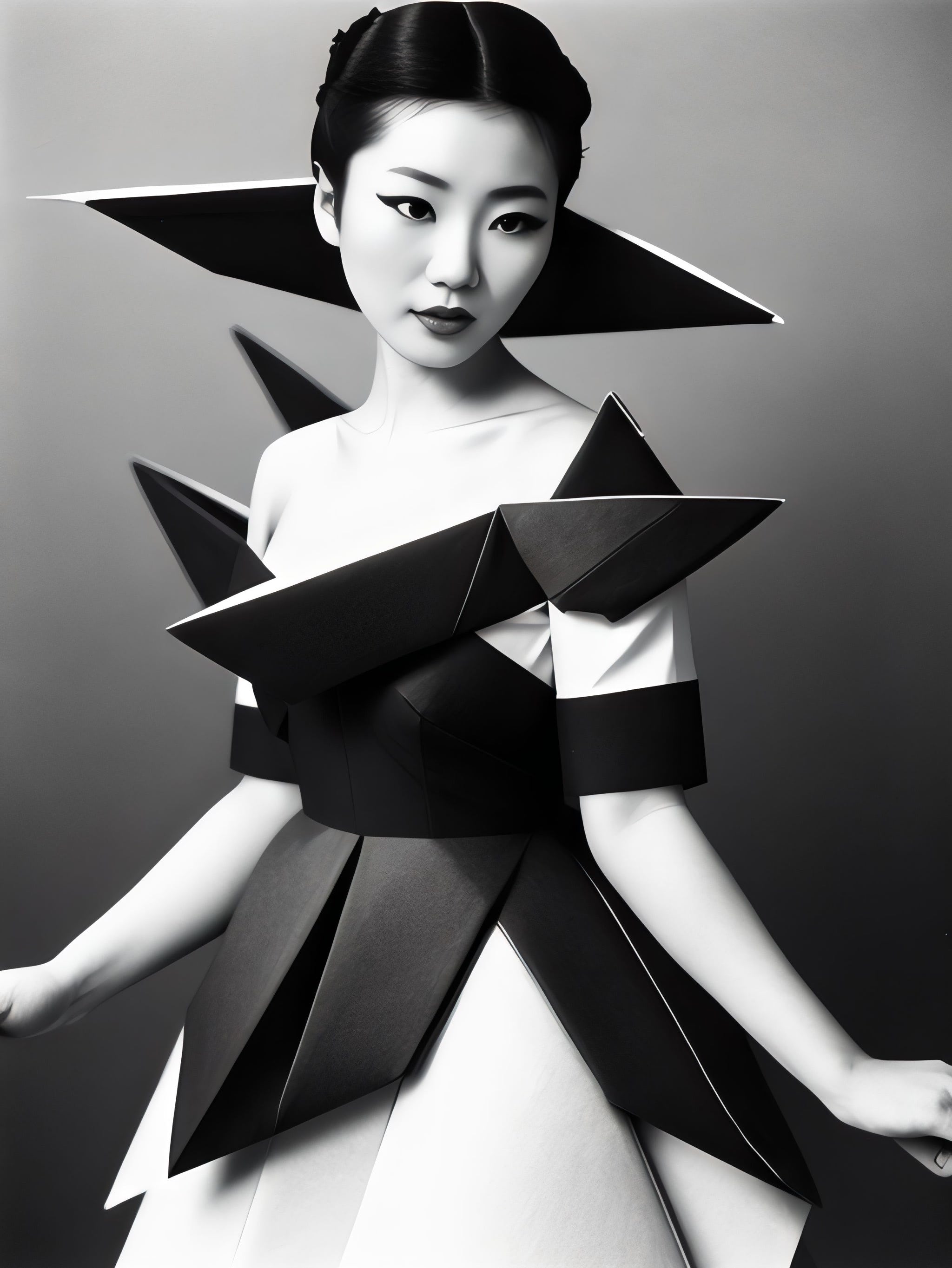 Black and white portrait of a woman in a geometric origami-style dress.