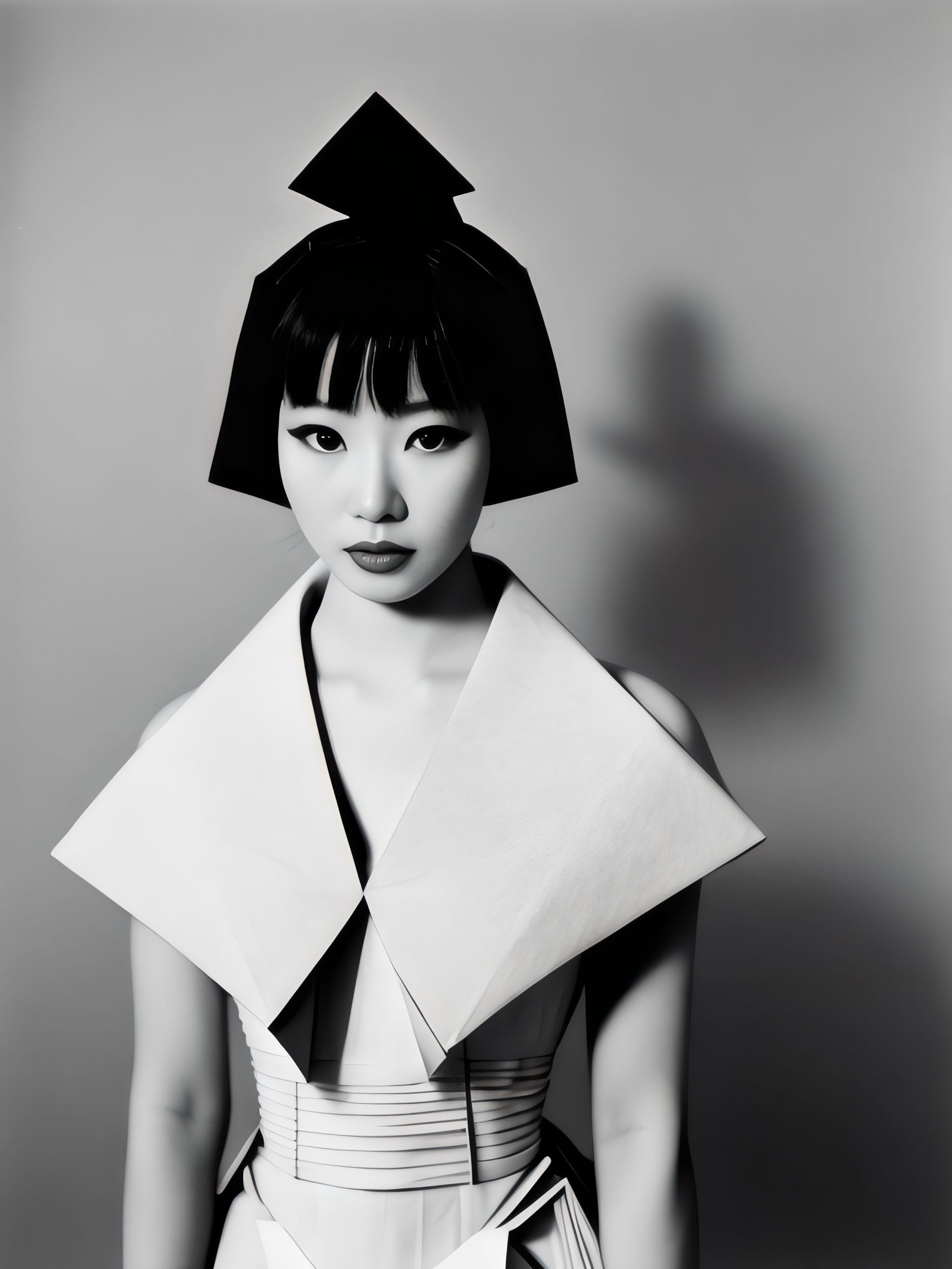 Black and white portrait of Saya wearing geometric clothing.
