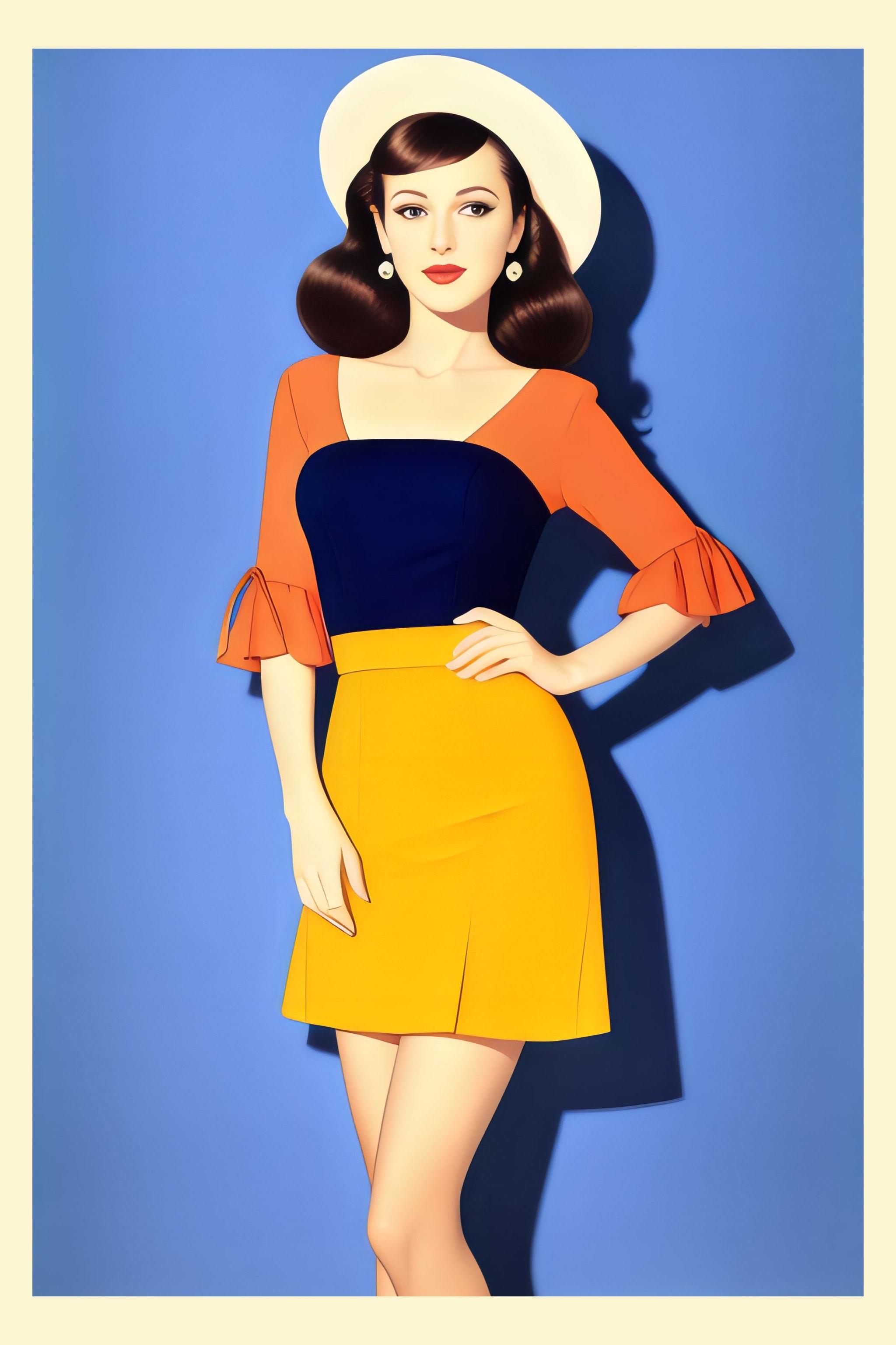 Portrait of a woman in a yellow, orange, and blue dress and a white hat.