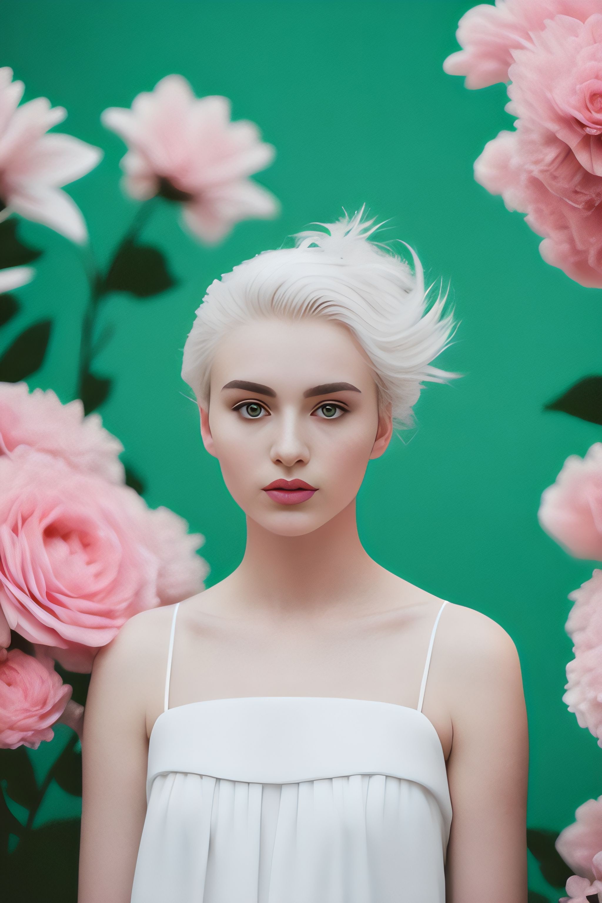 Portrait of Natalia: A woman with short, white hair, wearing a white dress, surrounded by pink flowers against a green background.