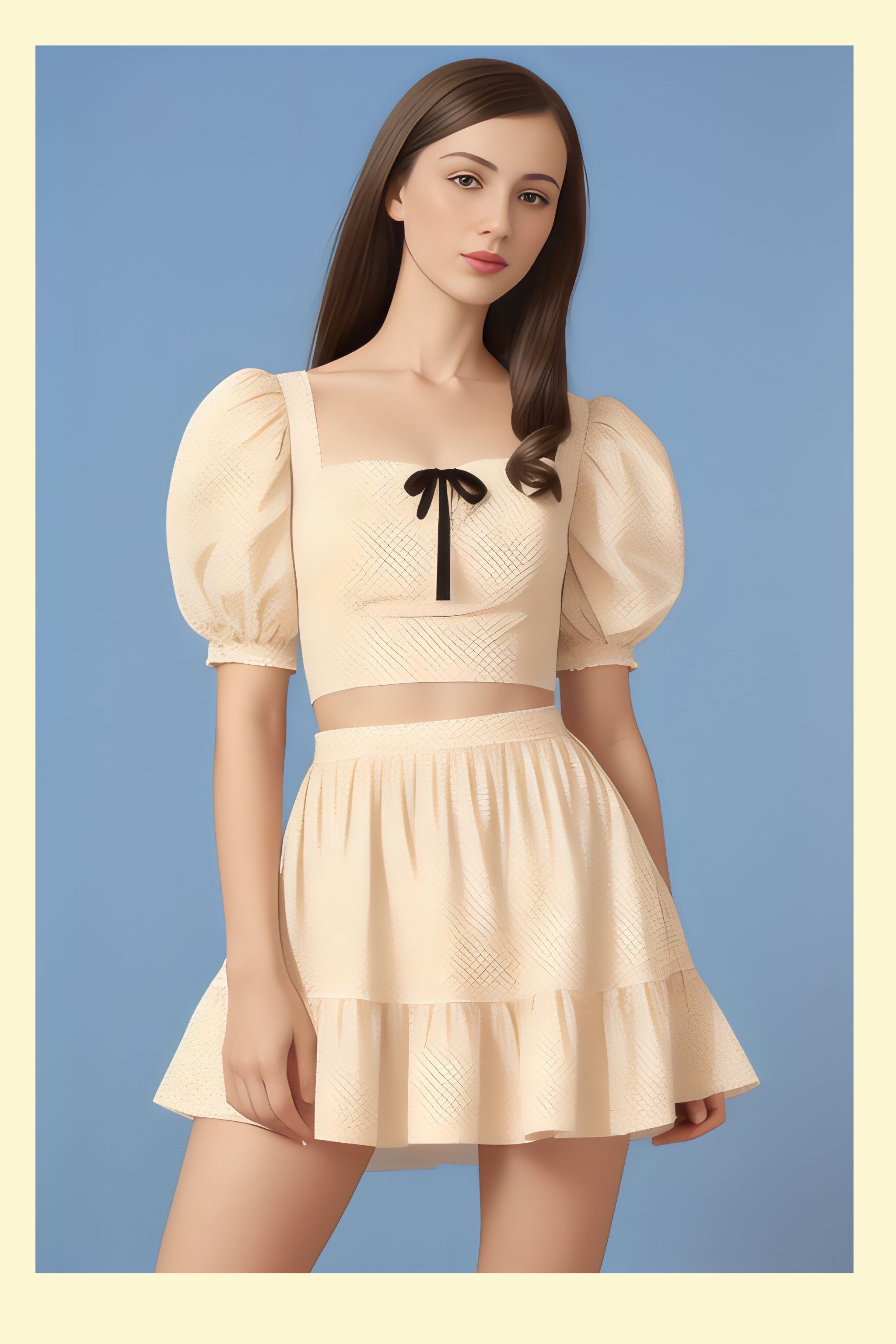 Portrait of a woman in a pale yellow puff-sleeve crop top and skirt.