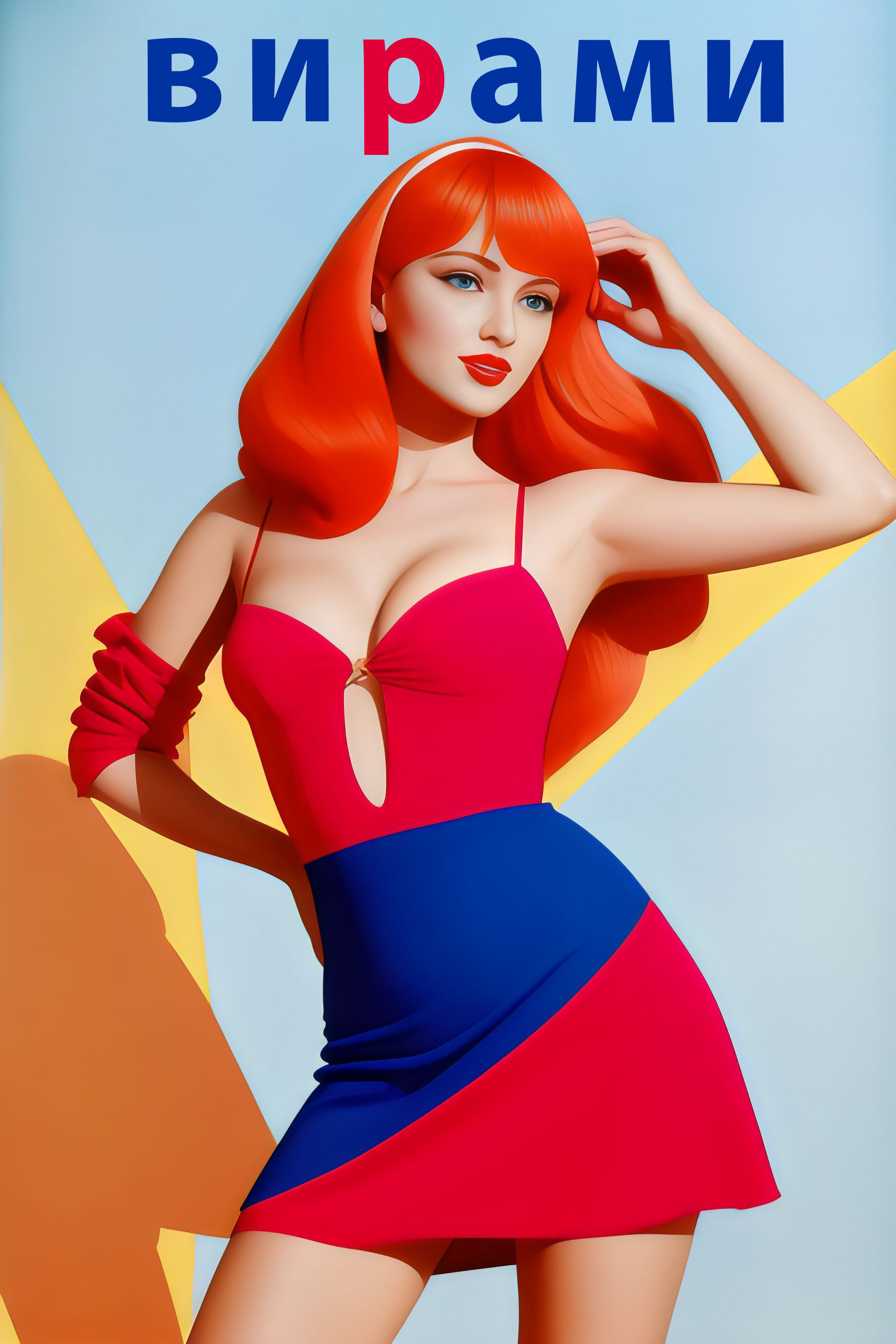 Portrait of a woman with bright red hair wearing a red and blue mini dress.