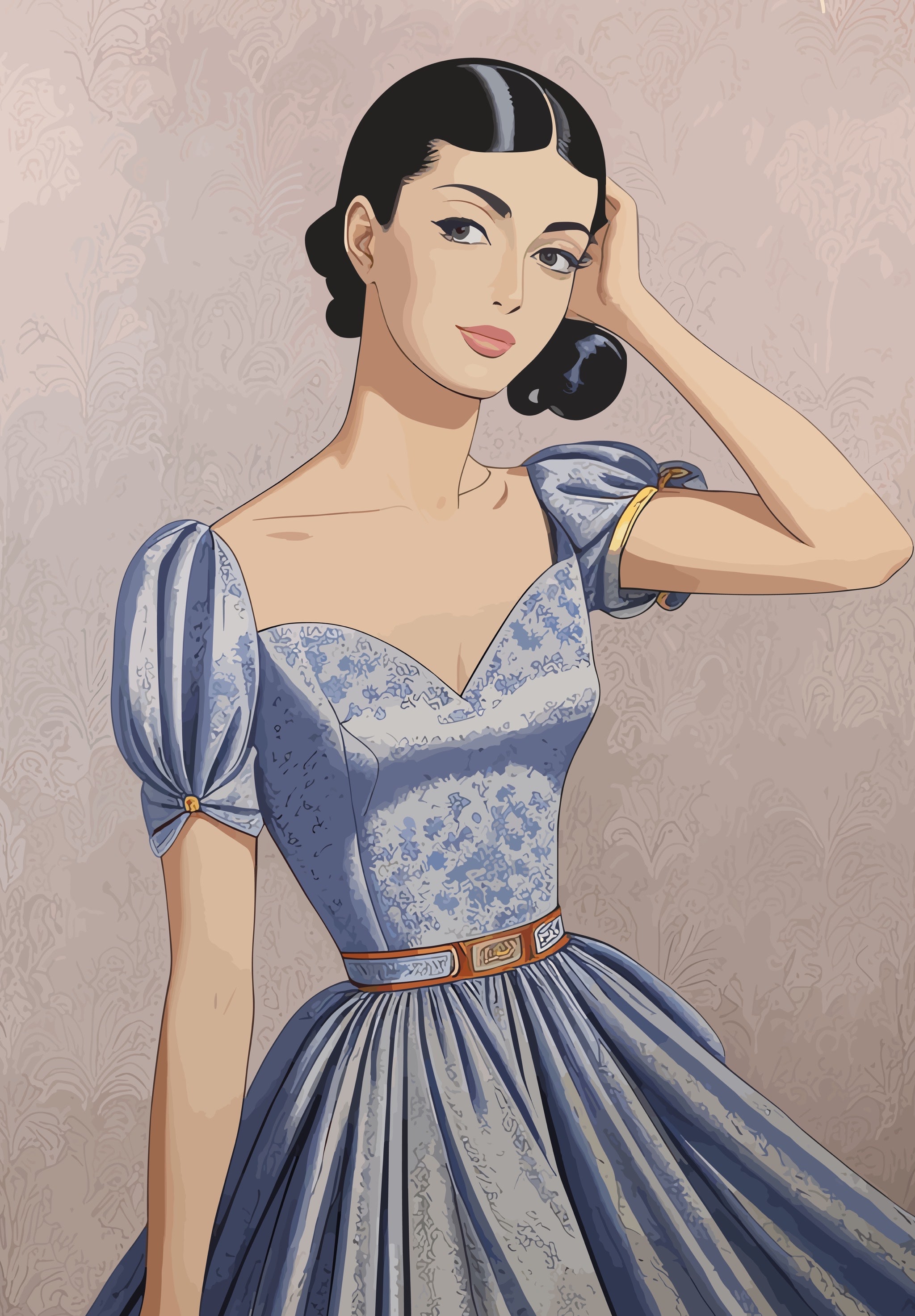 Vintage painting of Anna in a blue dress.