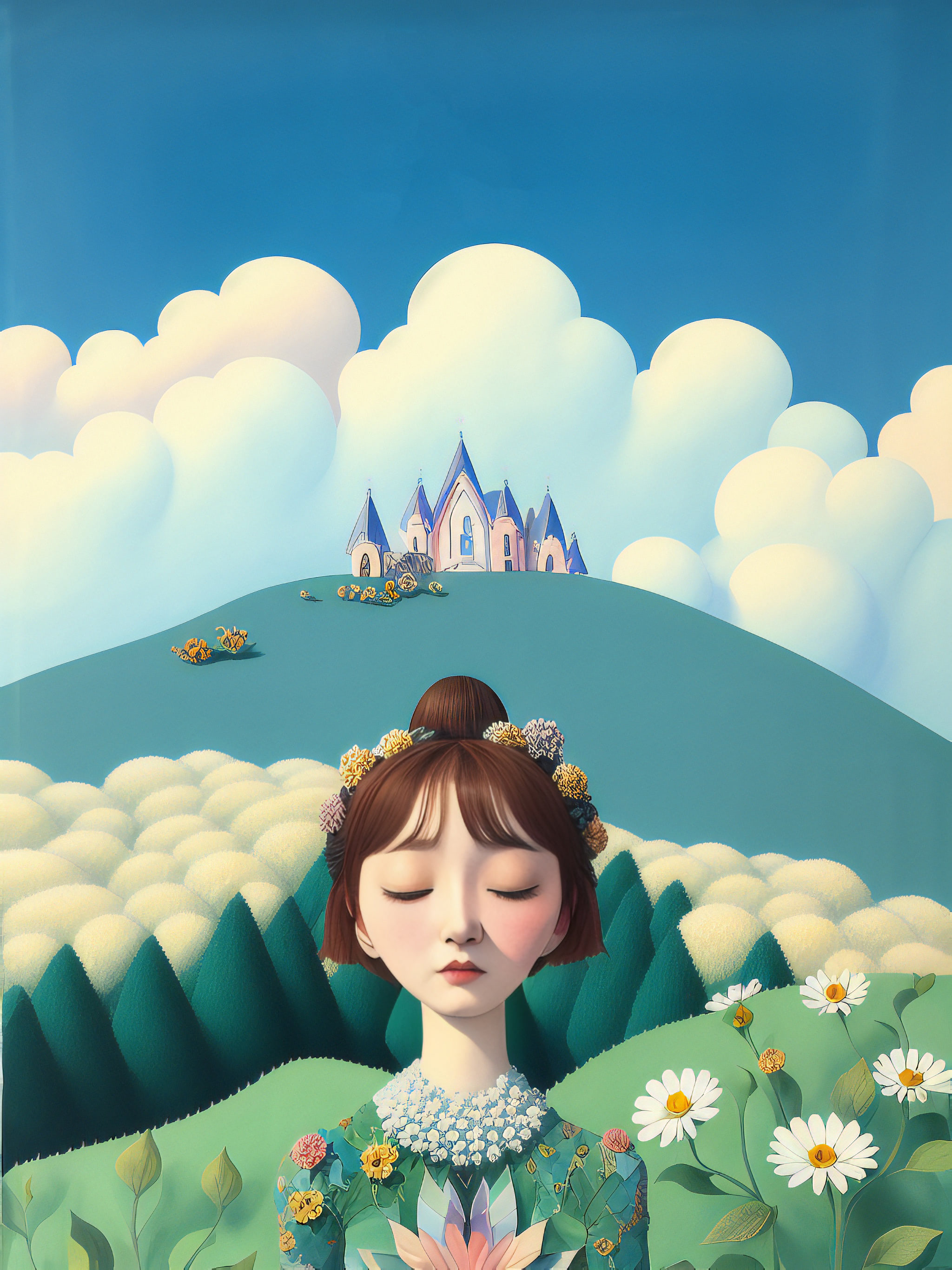 Illustration of a girl with flowers in her hair, eyes closed, standing in a field with a castle in the background.