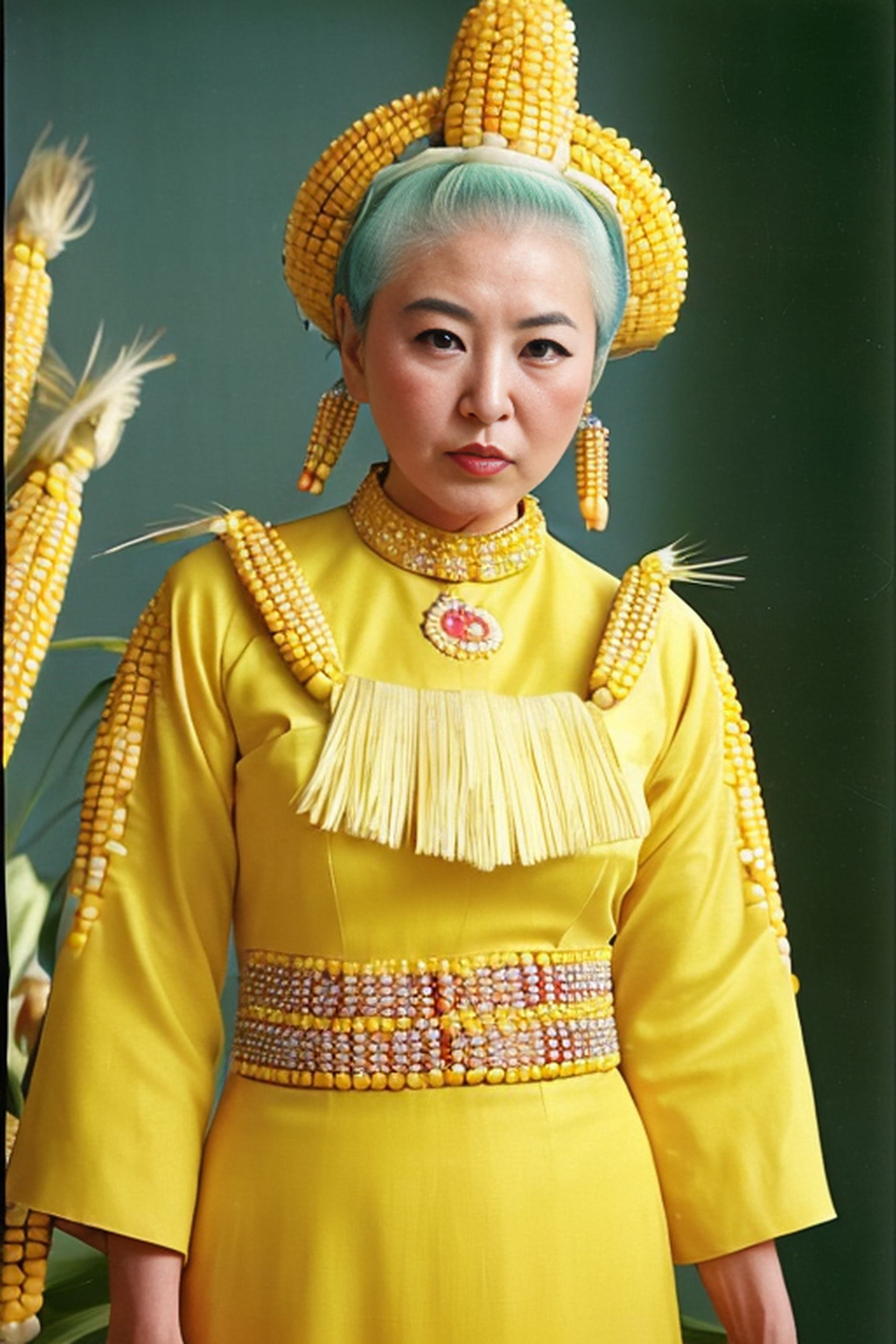 Woman in yellow corn-adorned dress and headpiece.