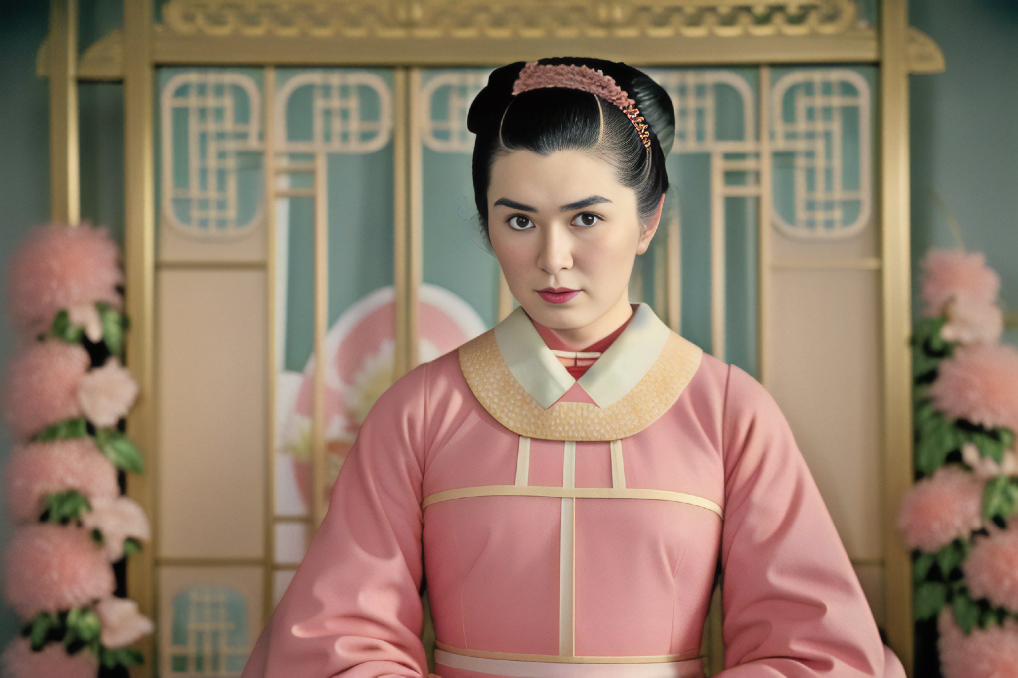 Woman in pink kimono, looking at camera.