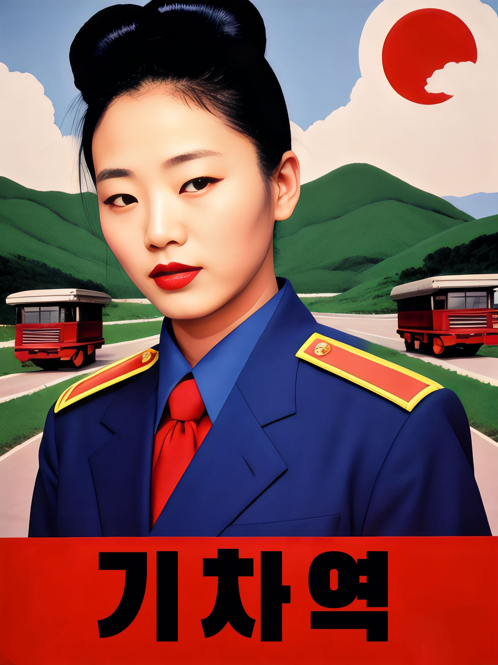 A stylized portrait of a woman in a blue uniform, holding a red sign with Korean text, set against a landscape with red buses and a large red sun.
