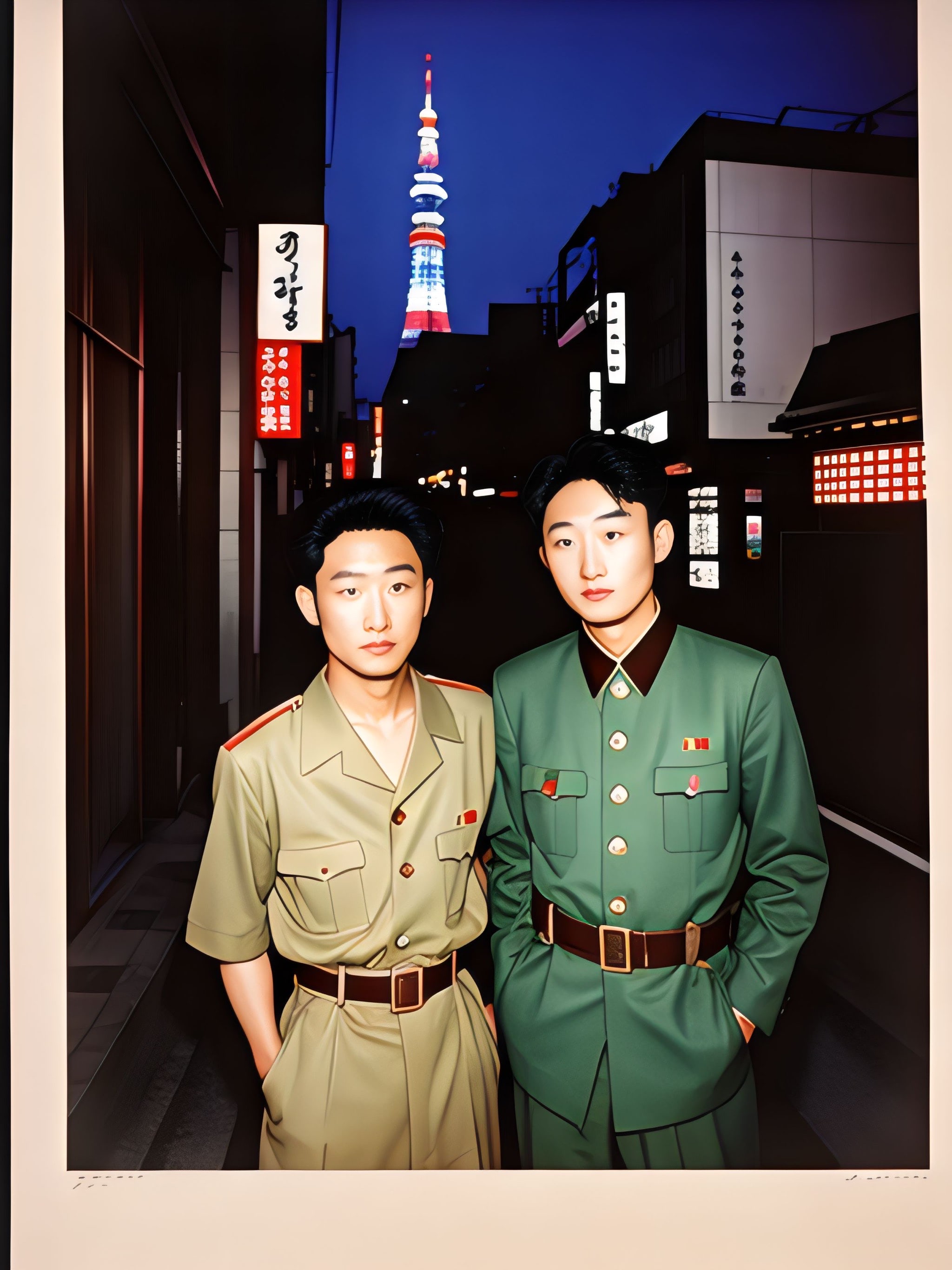 Portrait of two young men in military uniforms at night in a city with Tokyo Tower in the background.