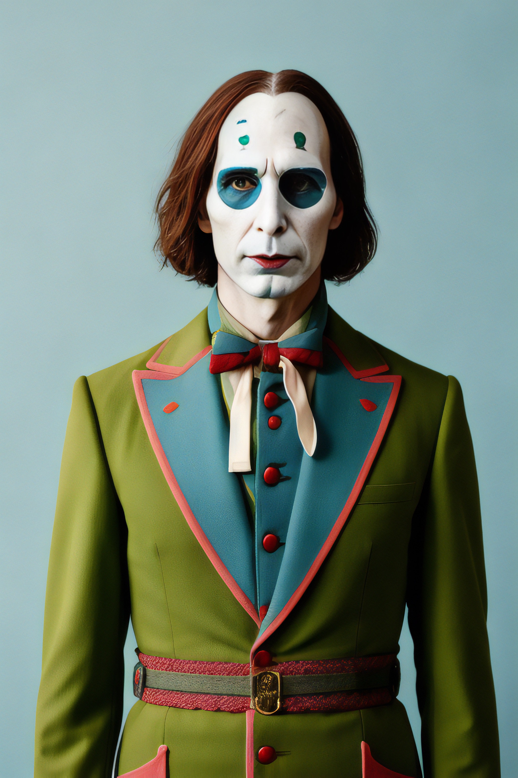 Portrait of a person in a green suit with teal and pink accents, wearing white face paint with blue and green accents.