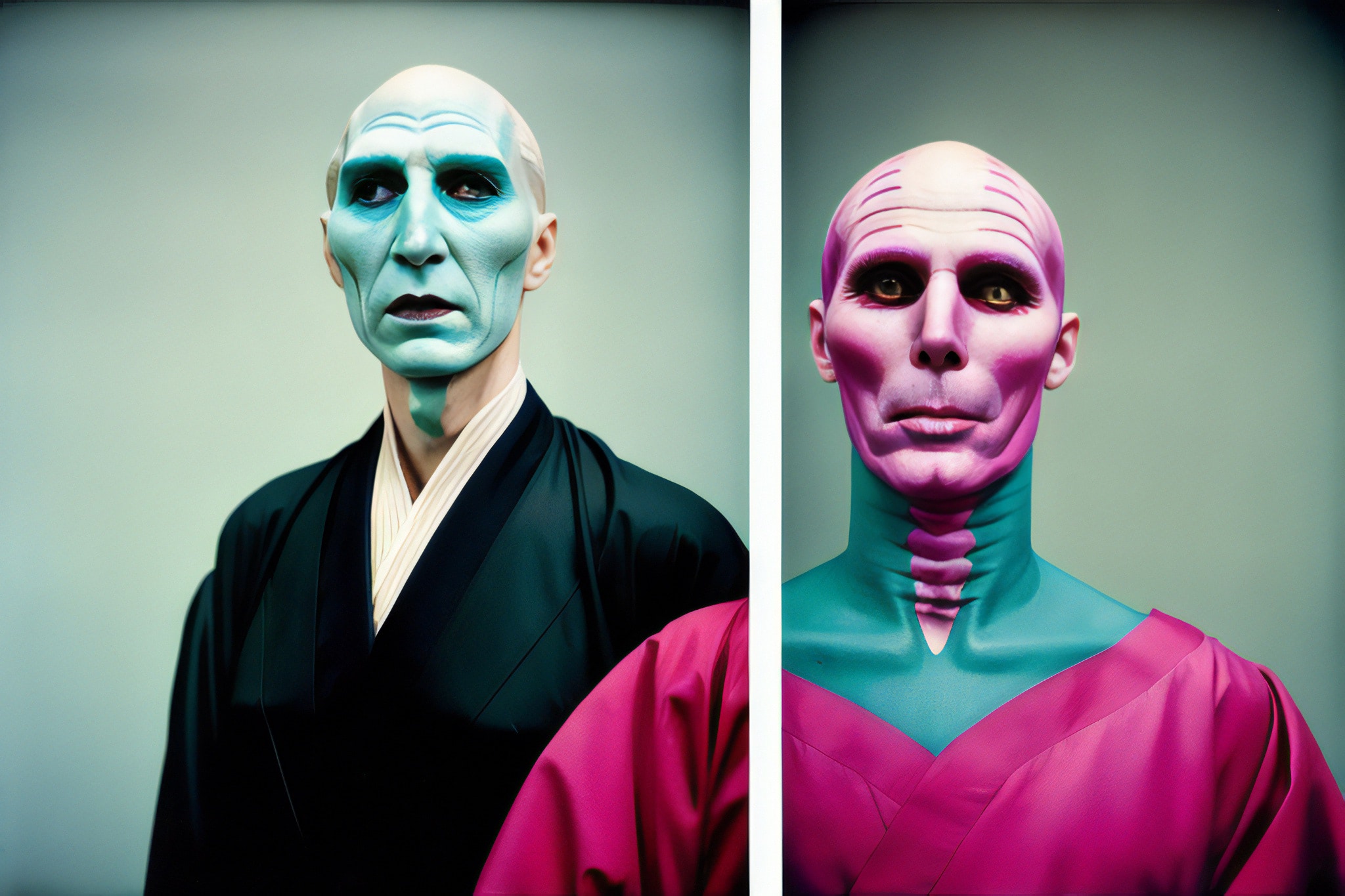 Diptych of a bald man in teal and magenta body paint, wearing dark and pink robes.