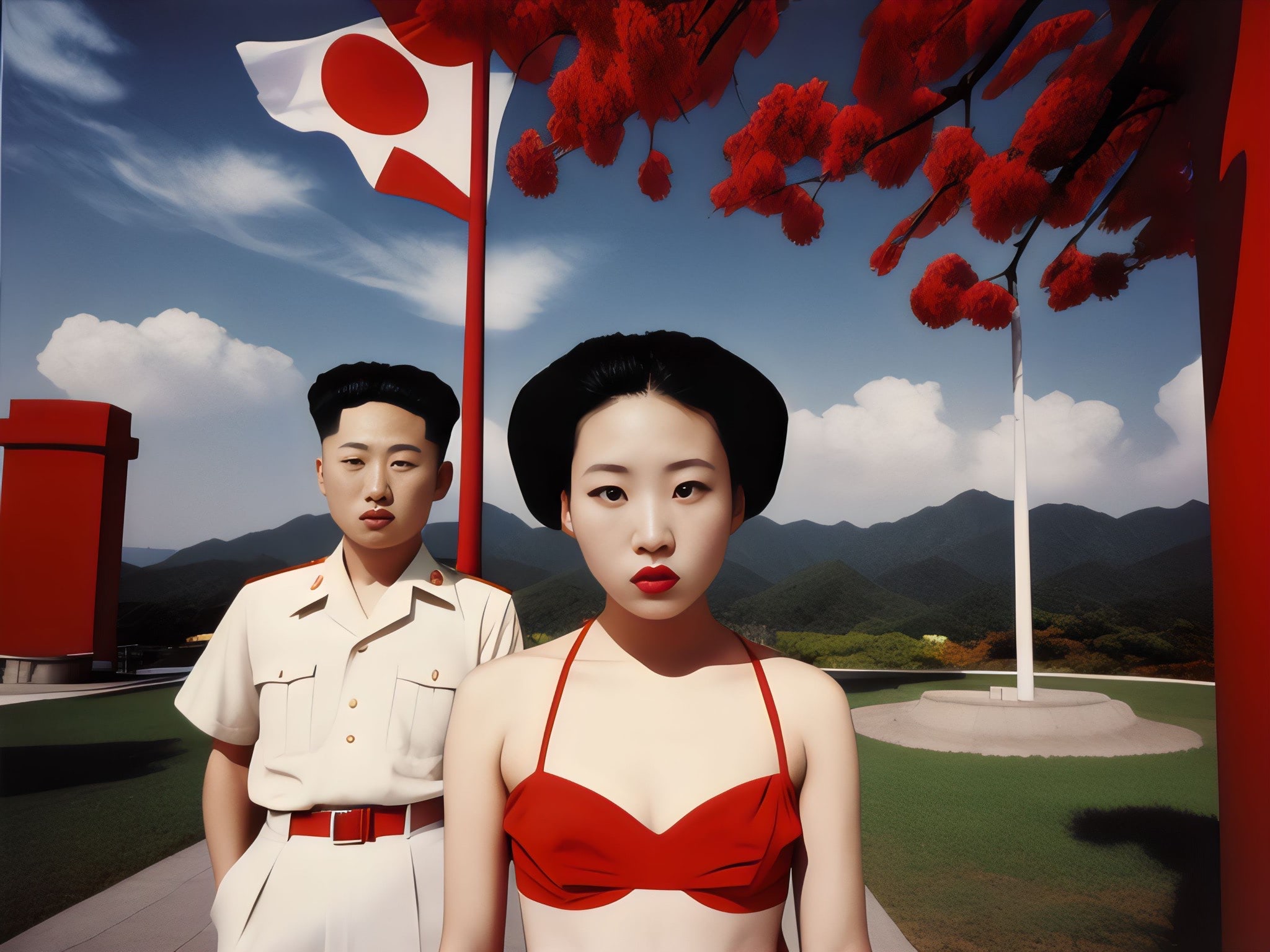 A painting of a young woman in a red bikini and a young man in a military uniform standing in front of a flagpole with a Japanese flag and a backdrop of mountains.