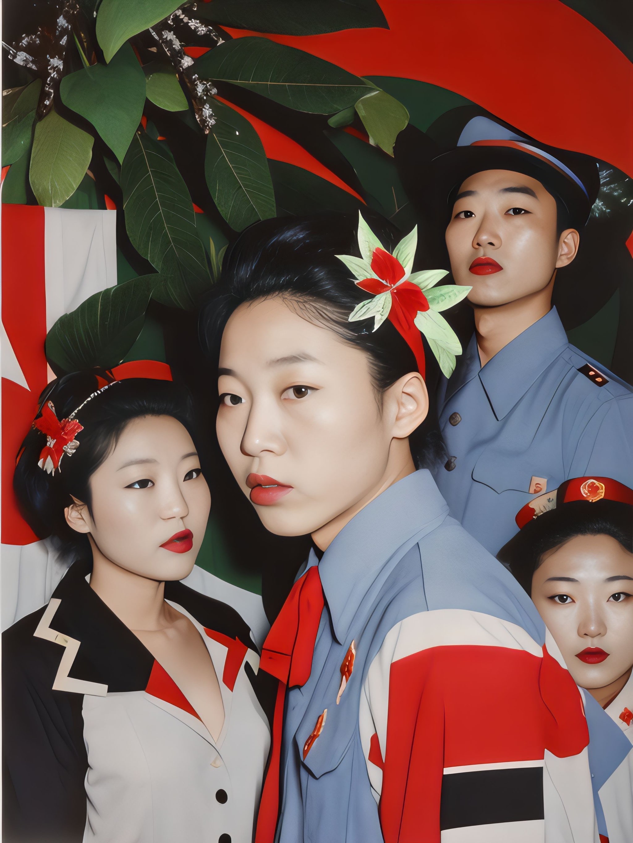 Portrait of four young Asian people in stylized clothing against a red and green background.