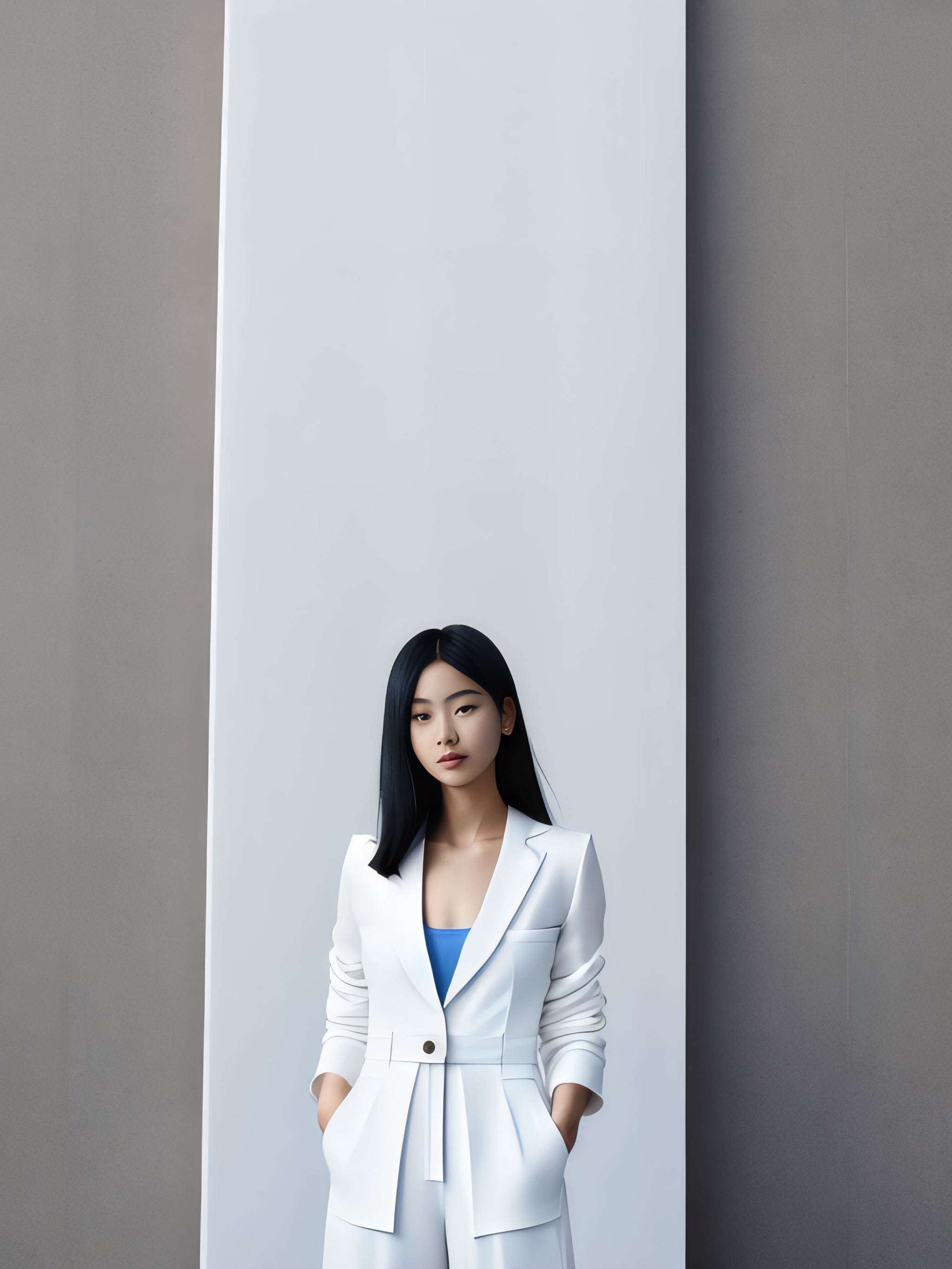 Young Asian woman in white pantsuit.