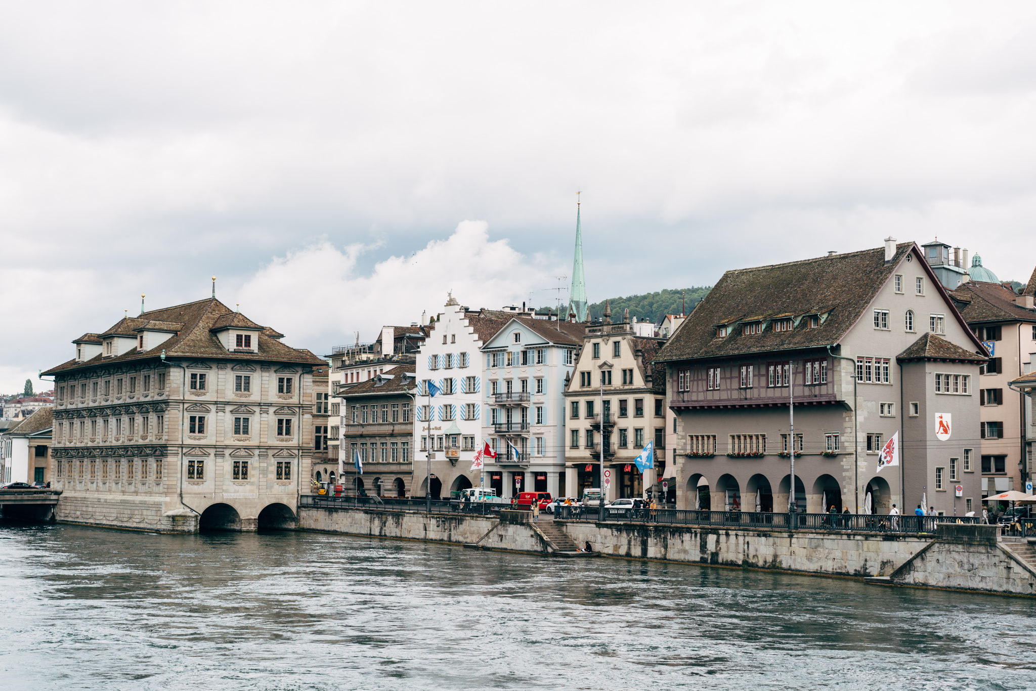 Zurich, Switzerland waterfront buildings and river.