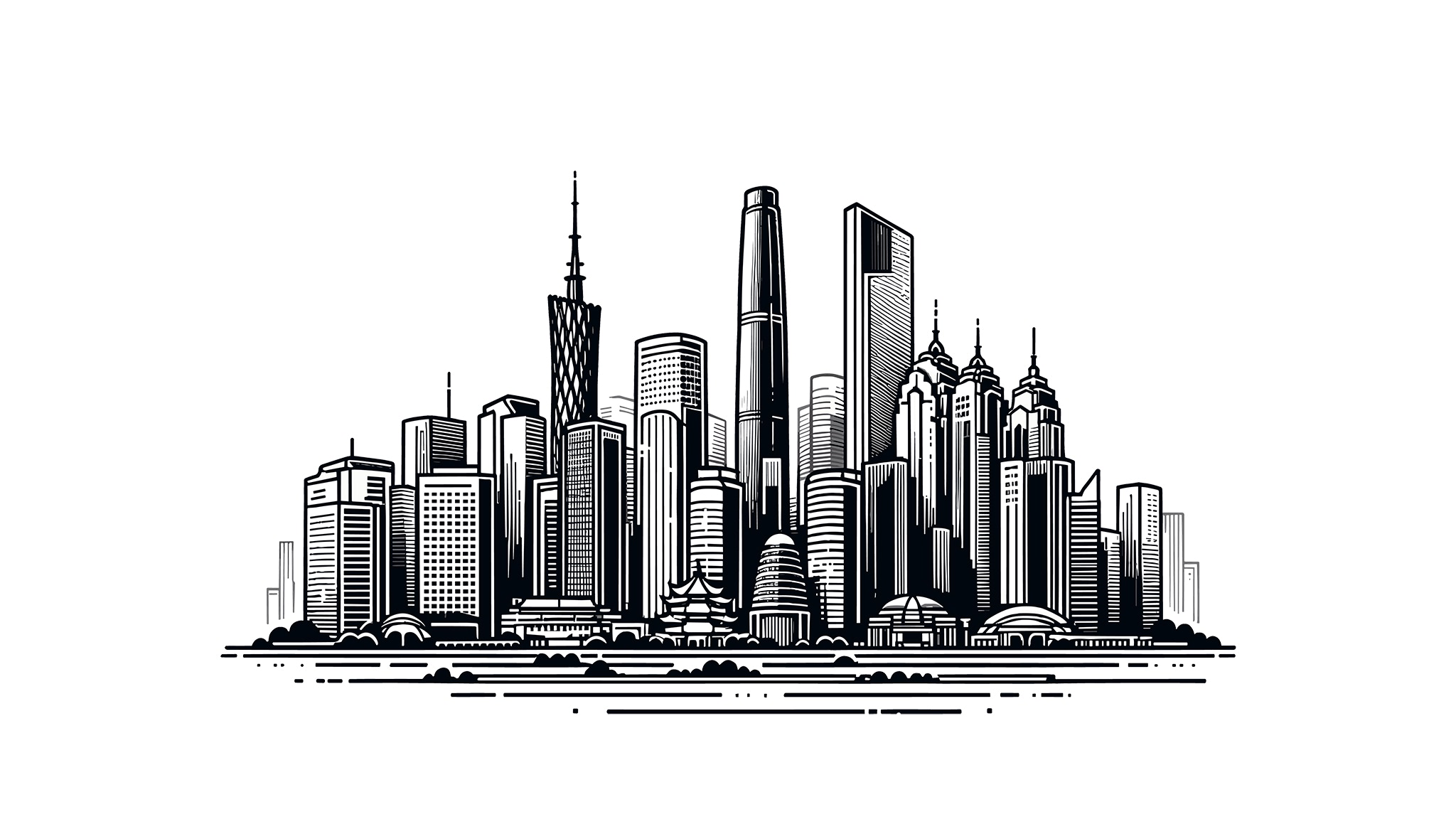 Guangzhou skyline line art illustration.