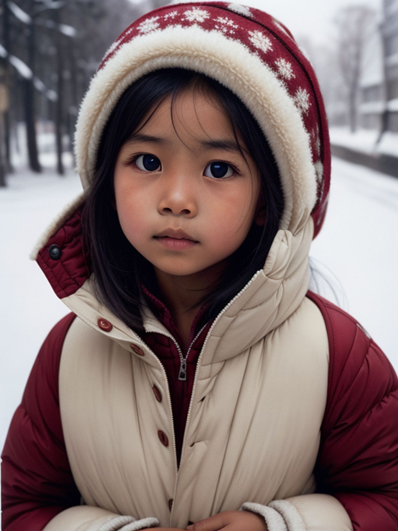 Headshot of a young Inuit girl wearing a burgundy and cream winter coat and hat.