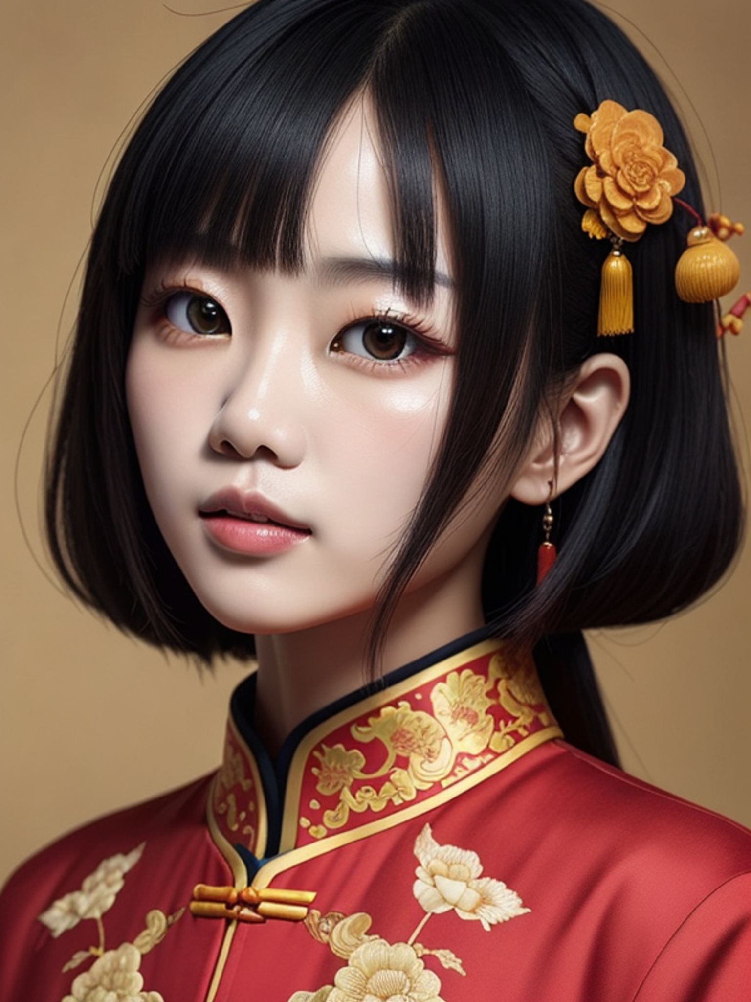Headshot of a young Chinese woman with black hair, wearing a red traditional Chinese dress and gold hair ornament.