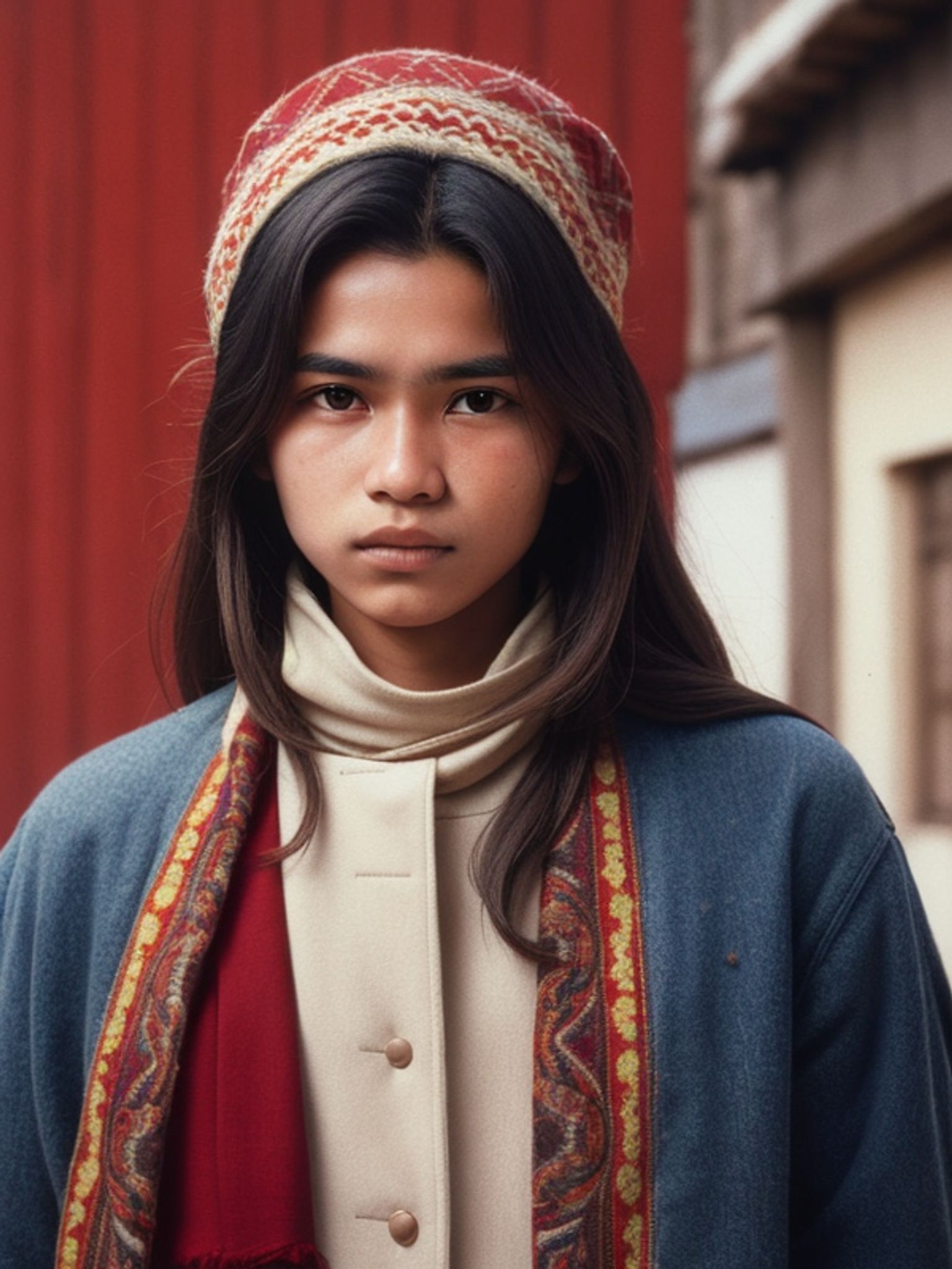 Headshot of a young Indigenous person wearing a traditional hat and scarf.