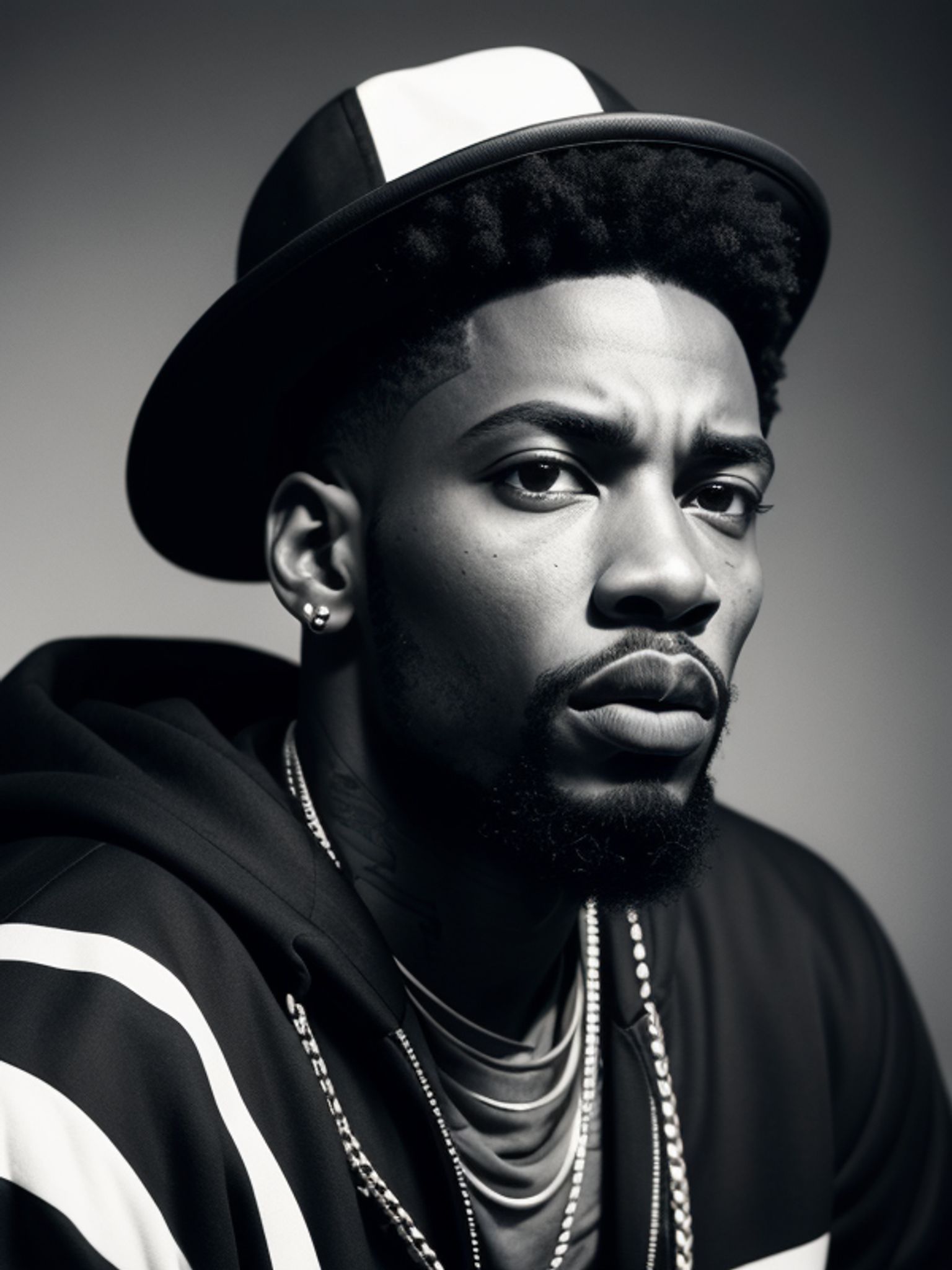 Black and white portrait of a man wearing a hat and a zip-up jacket.