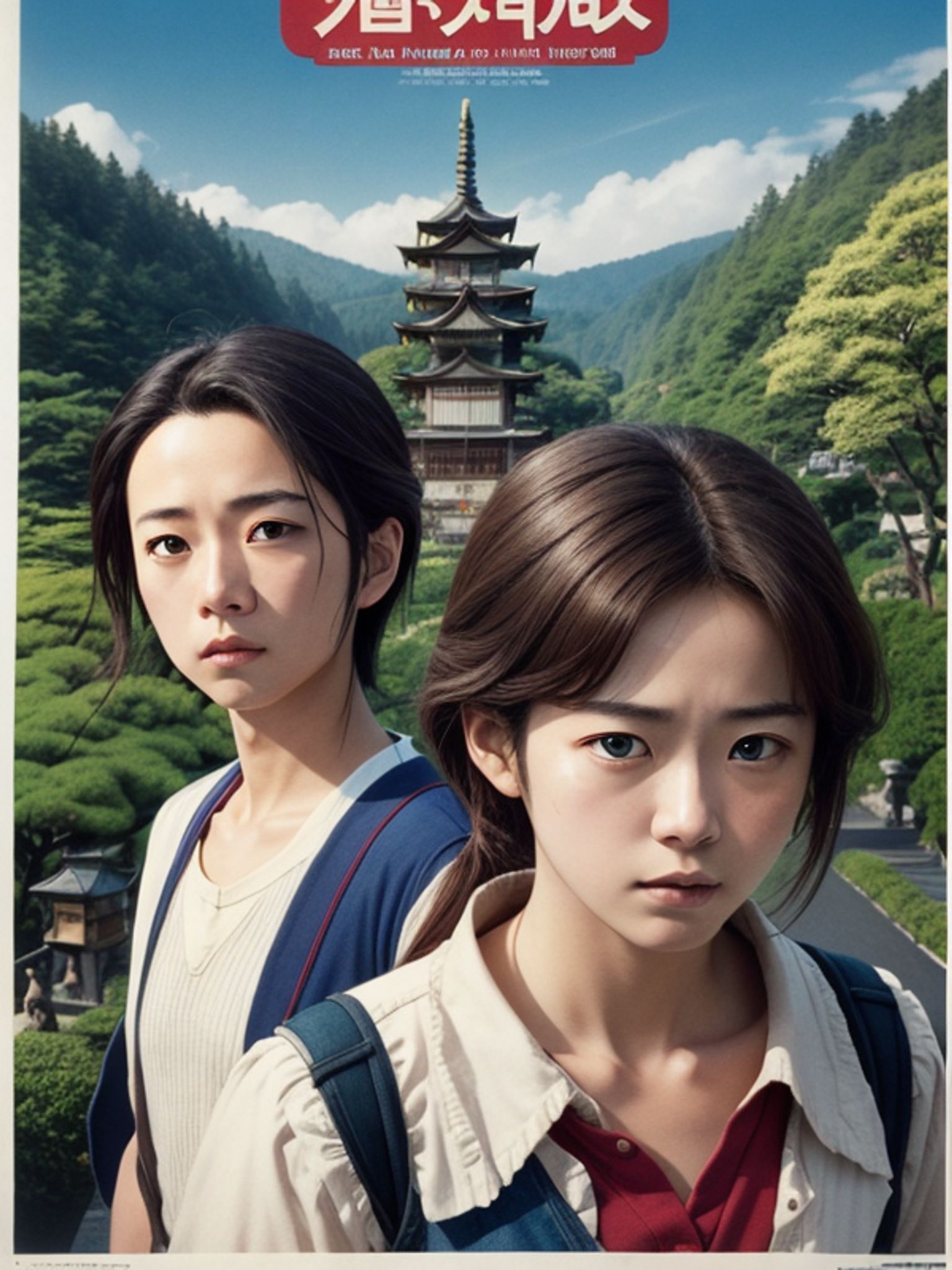 Movie poster featuring two young women in front of a Japanese temple in a mountainous landscape.