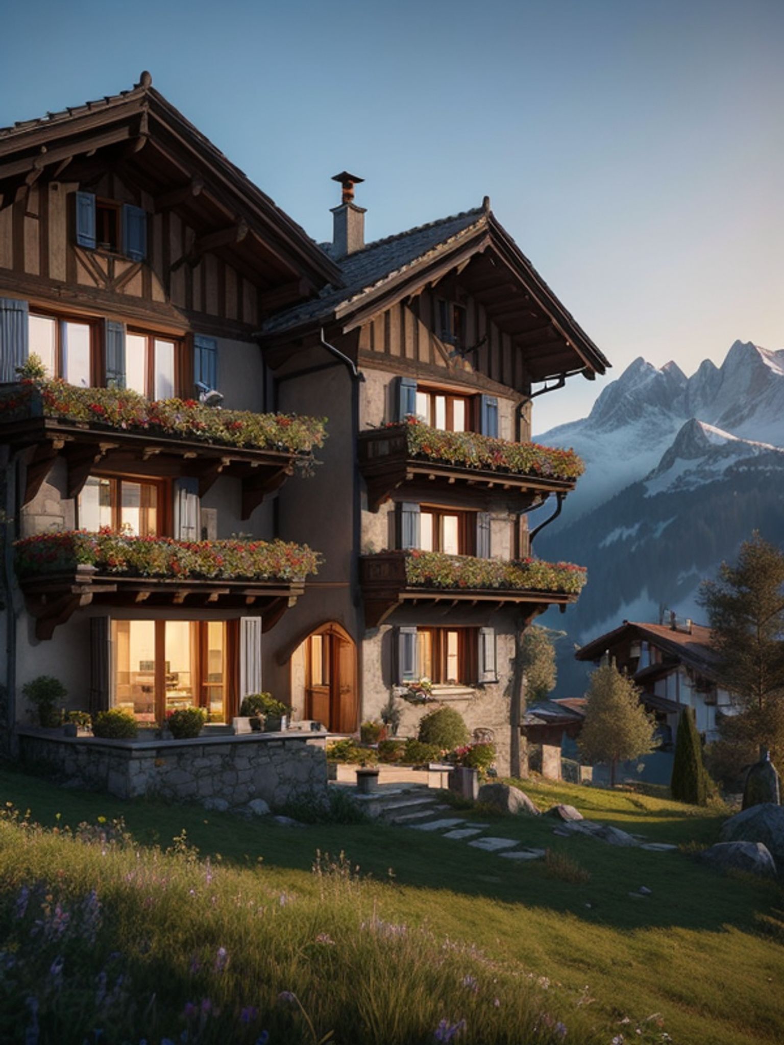 A multi-level chalet with balconies and flower boxes, nestled in the Alps.