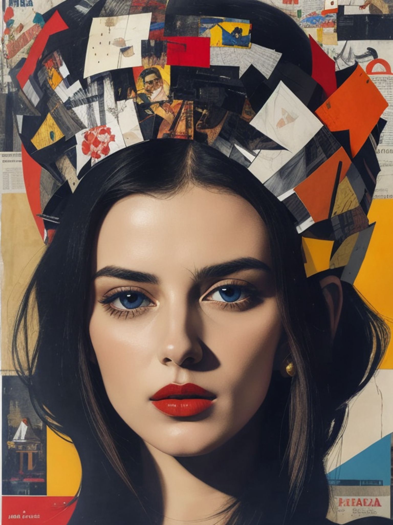 Portrait of a woman with a collage of images forming a crown above her head.