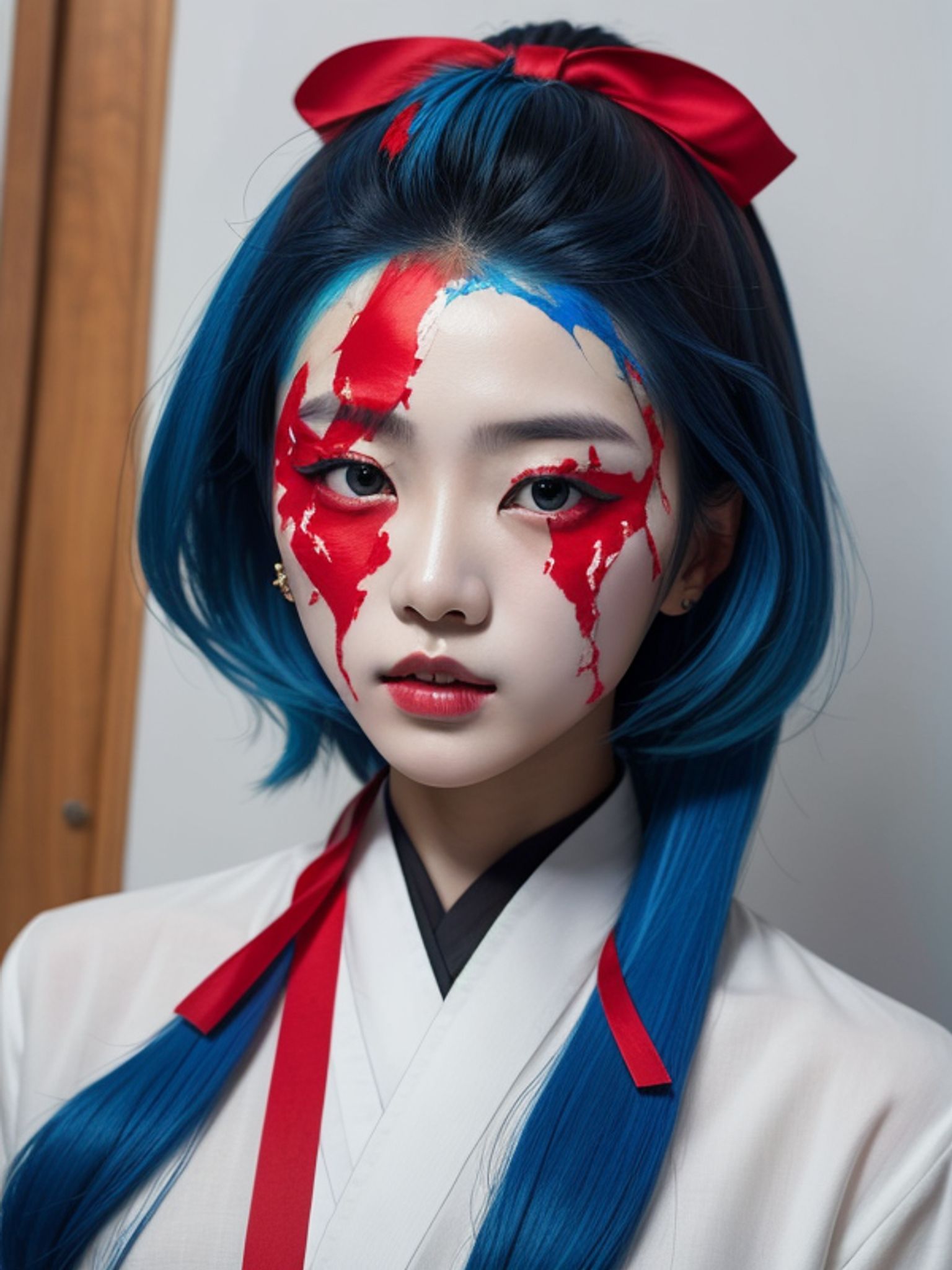 Korean model with blue hair and red paint on her face, wearing a white traditional Korean hanbok.