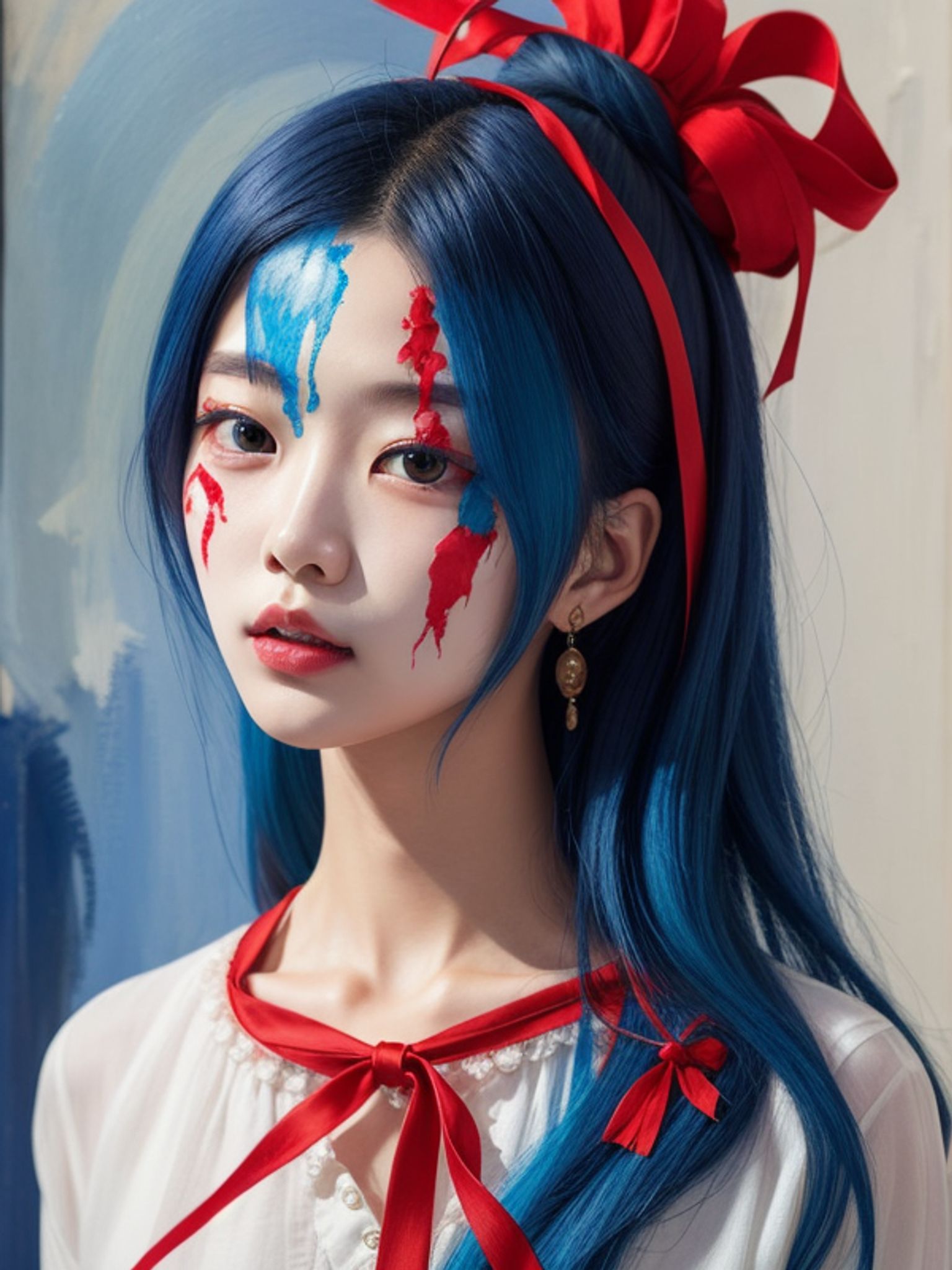Korean model with blue hair, red paint on face, and red ribbons.