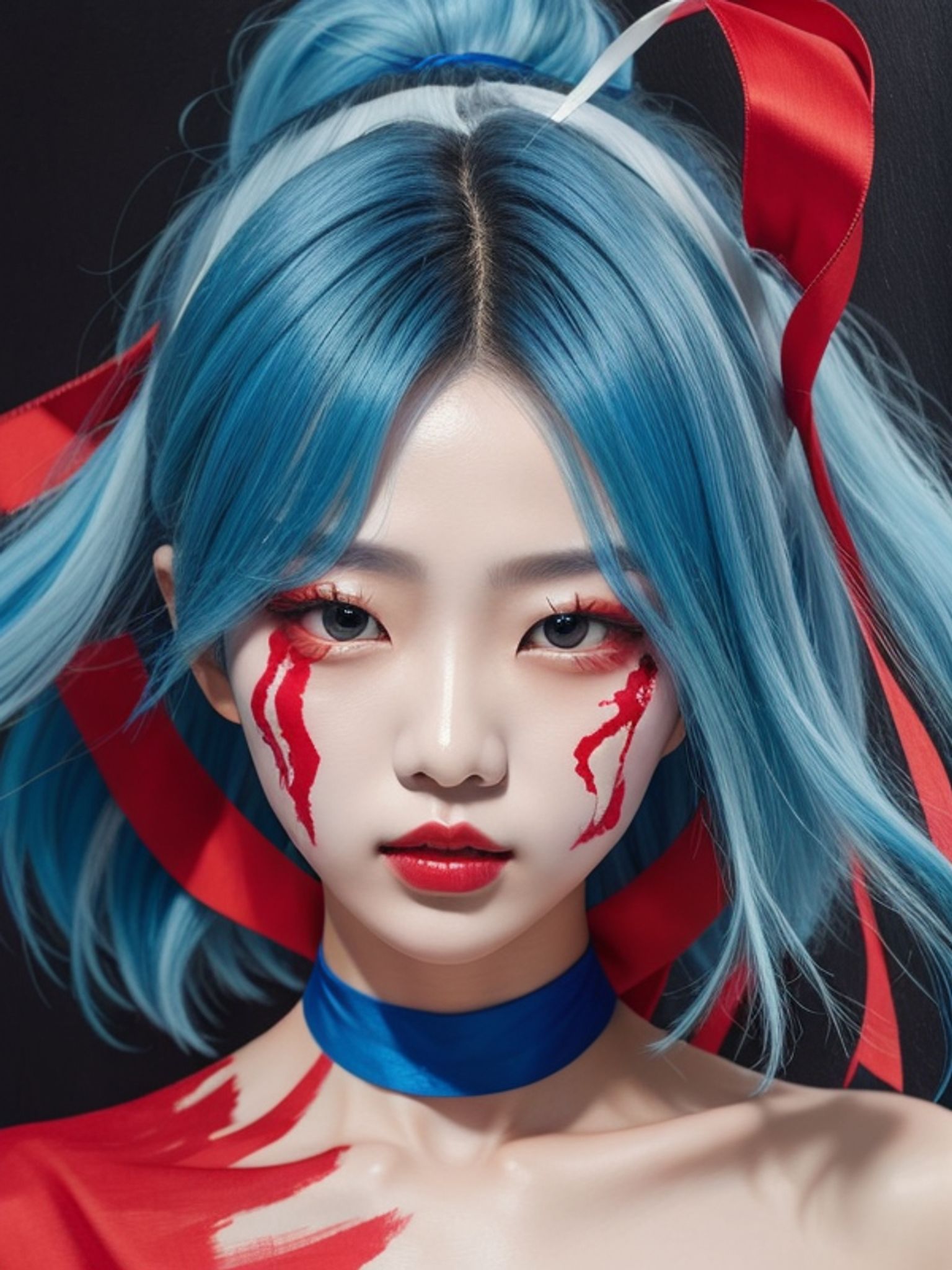 Portrait of a young woman with teal hair, red accents in her hair and makeup, and red paint on her shoulders.