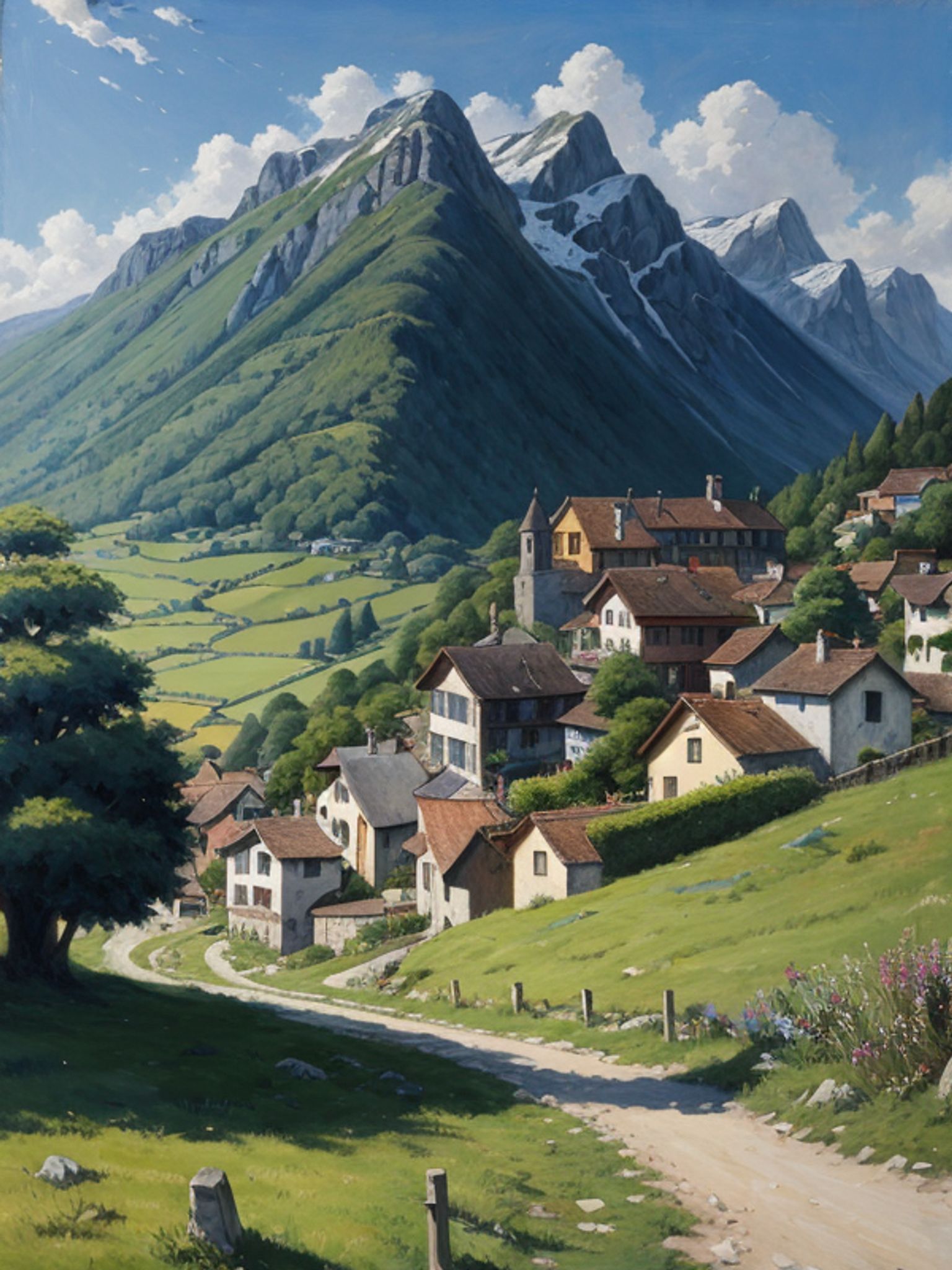 Anime-style painting of a small Swiss village nestled in a valley between snow-capped mountains.