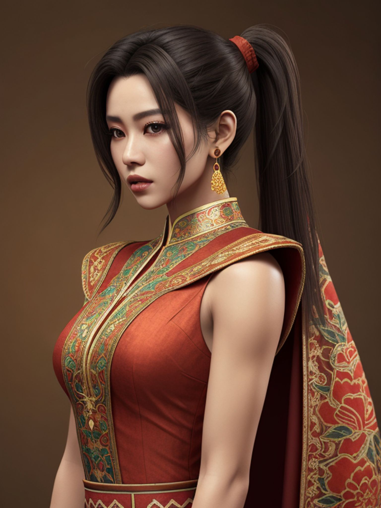 Portrait of a video game character, a young woman with dark hair in a ponytail, wearing an ornate red and gold dress.