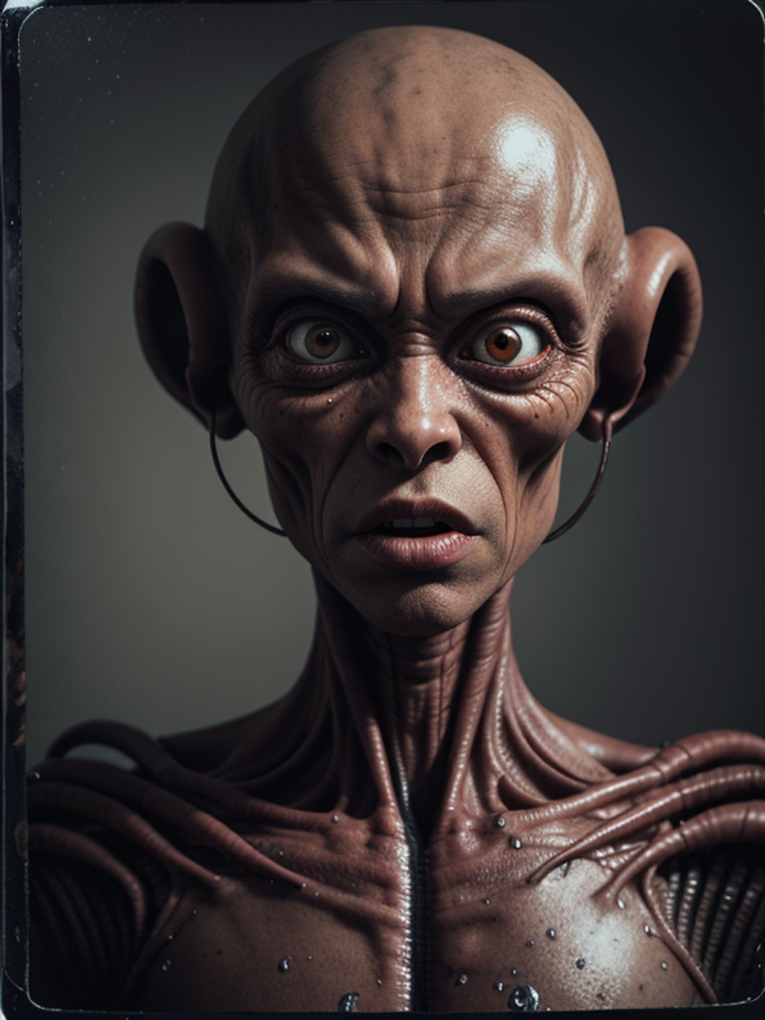 Close-up of a bald, alien-like creature with large ears and wide, expressive eyes.
