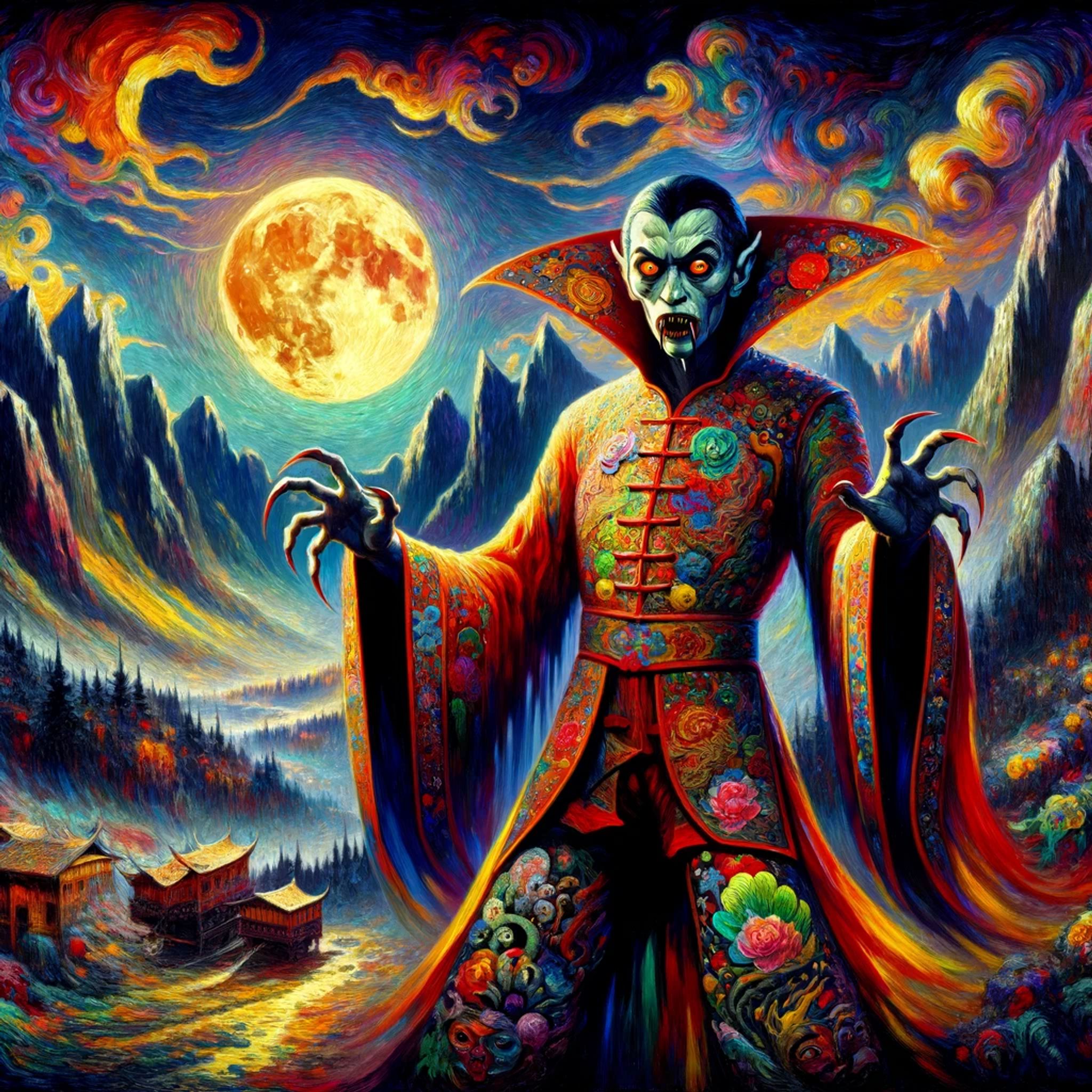Colorful painting of Nosferatu in ornate robes, under a large orange moon.