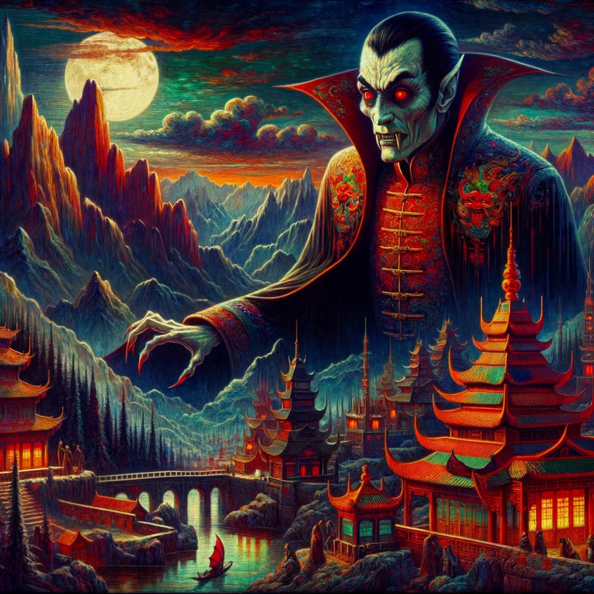 Nosferatu-style vampire looming over an Asian-inspired village under a large full moon.