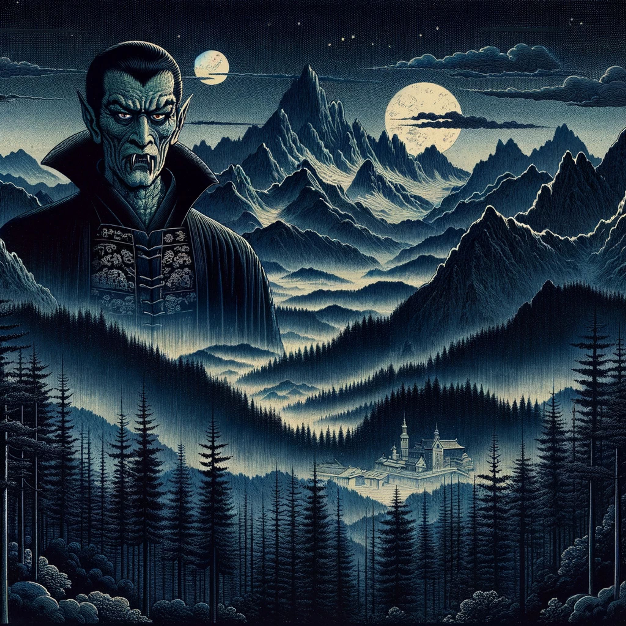 Nosferatu standing before a moonlit mountainous landscape with a village in the foreground.