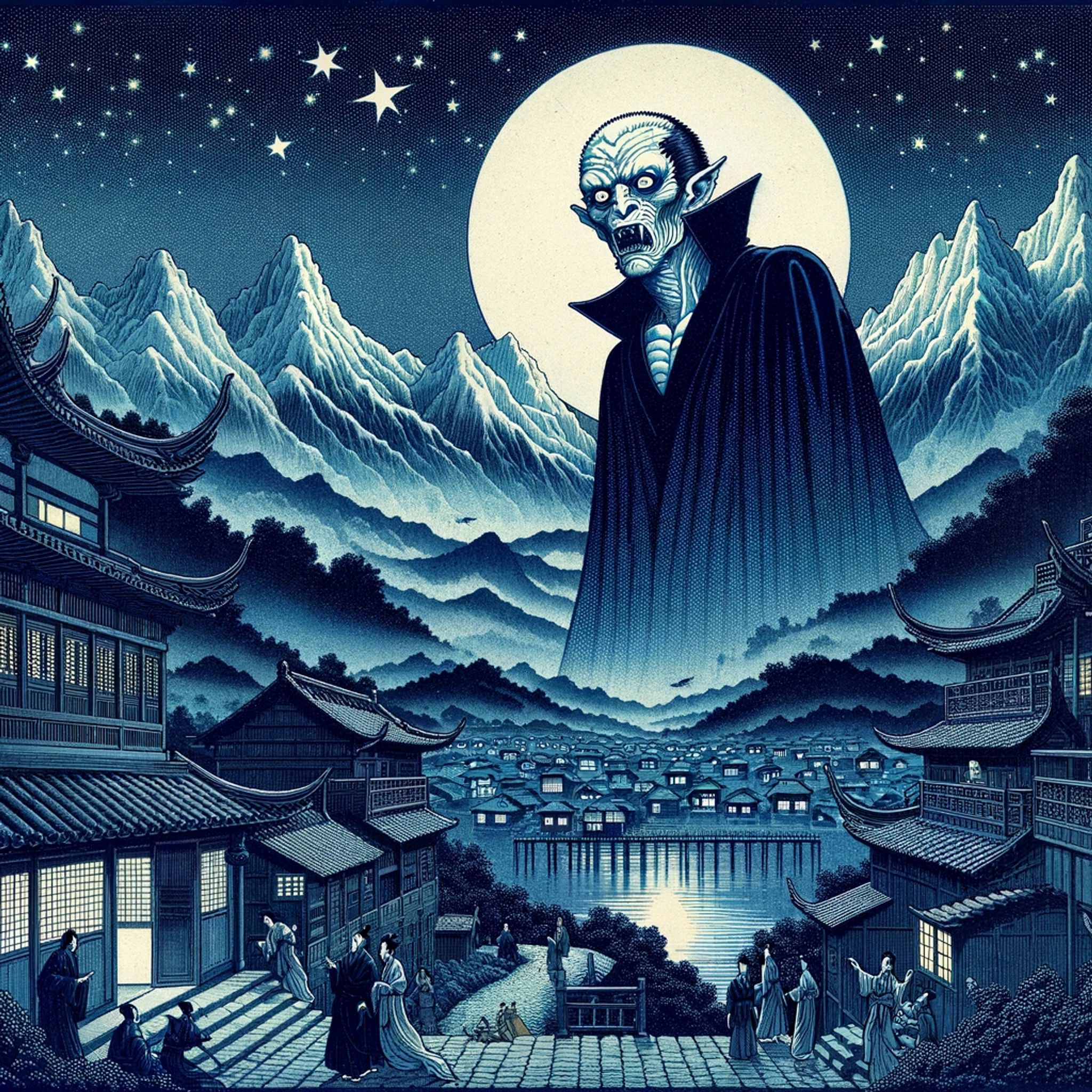 Nosferatu looms over an Asian village under a full moon.