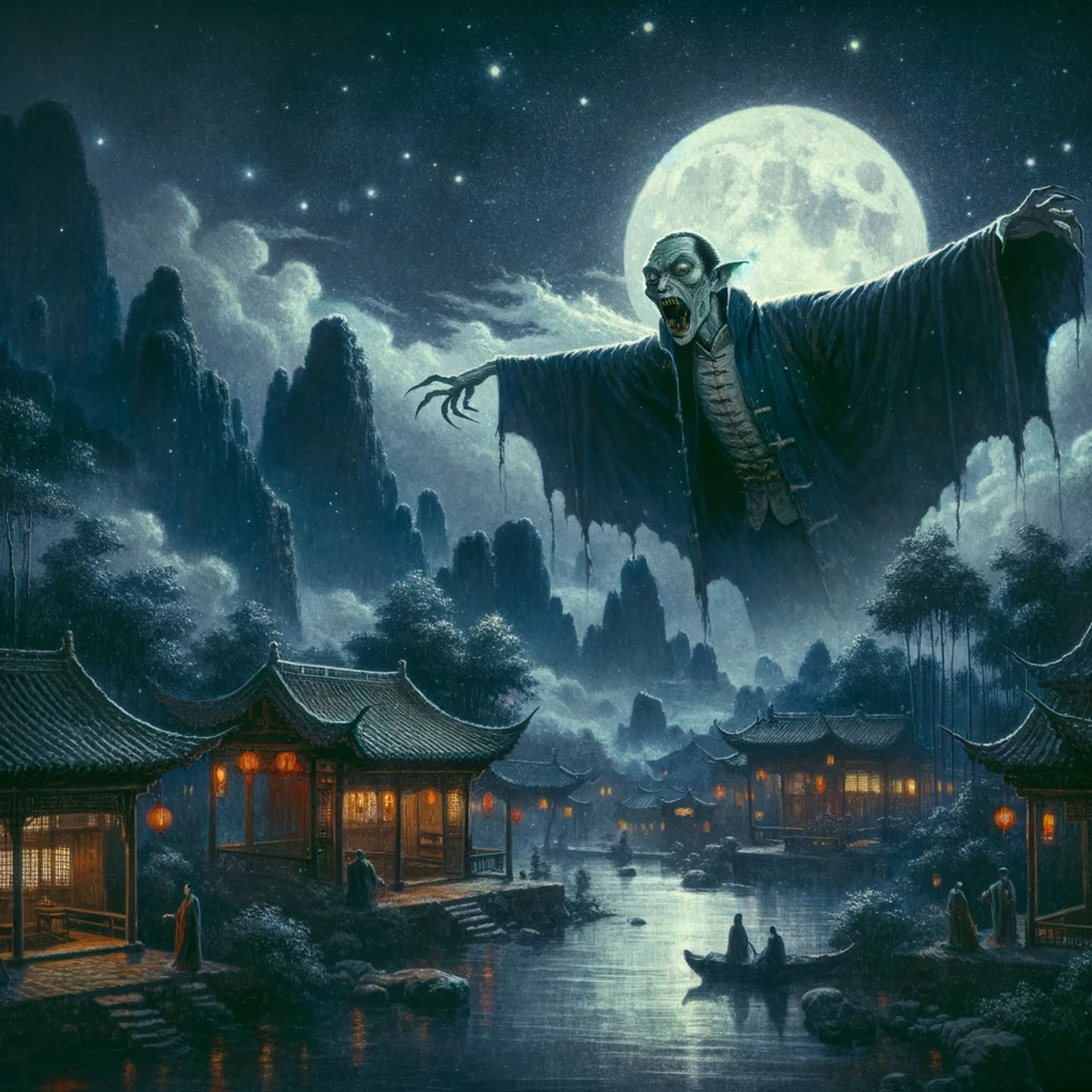Nosferatu-like vampire looming over a moonlit Asian village.