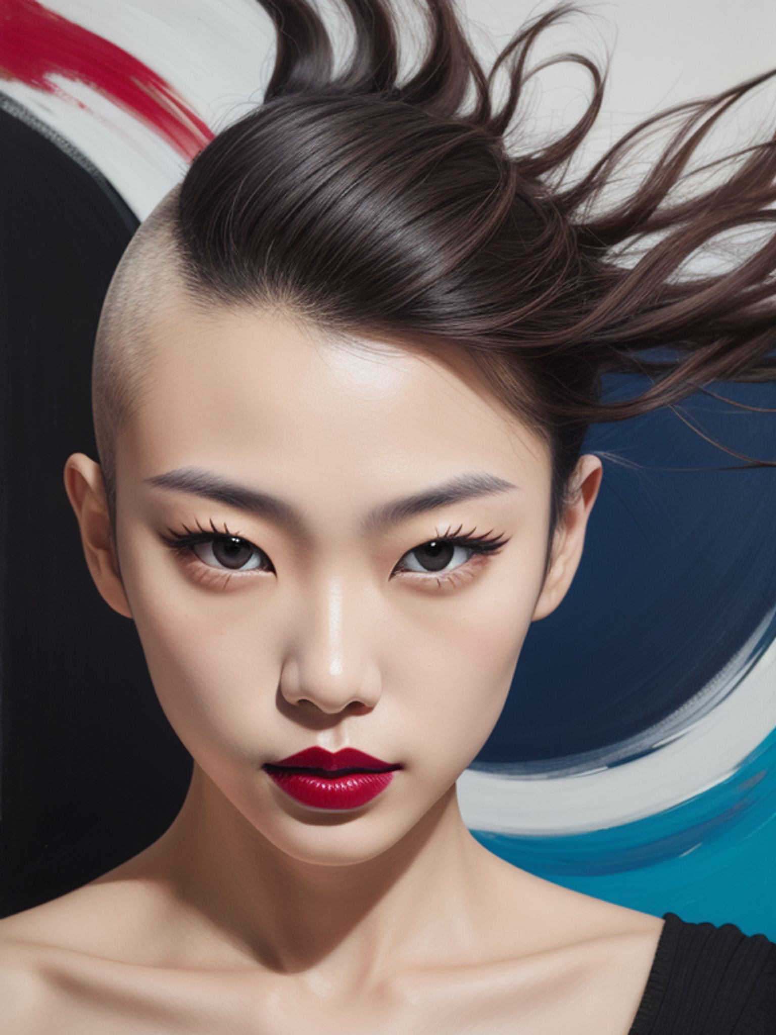 Portrait of a Japanese model with a shaved side of her head, dark hair styled up and out, and red lipstick.