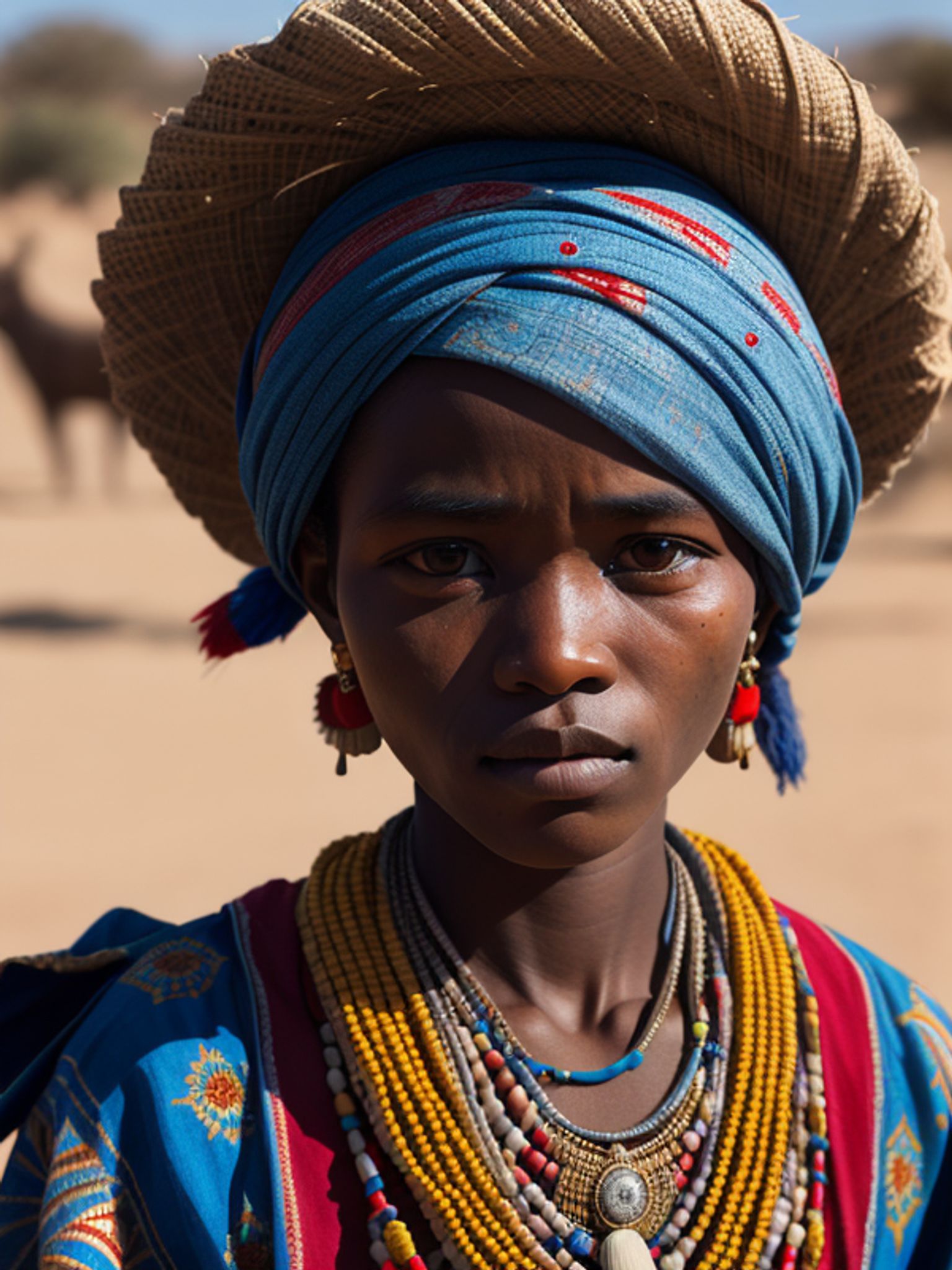 Portrait of a young woman wearing a large straw hat, blue headwrap, and ornate necklaces.
