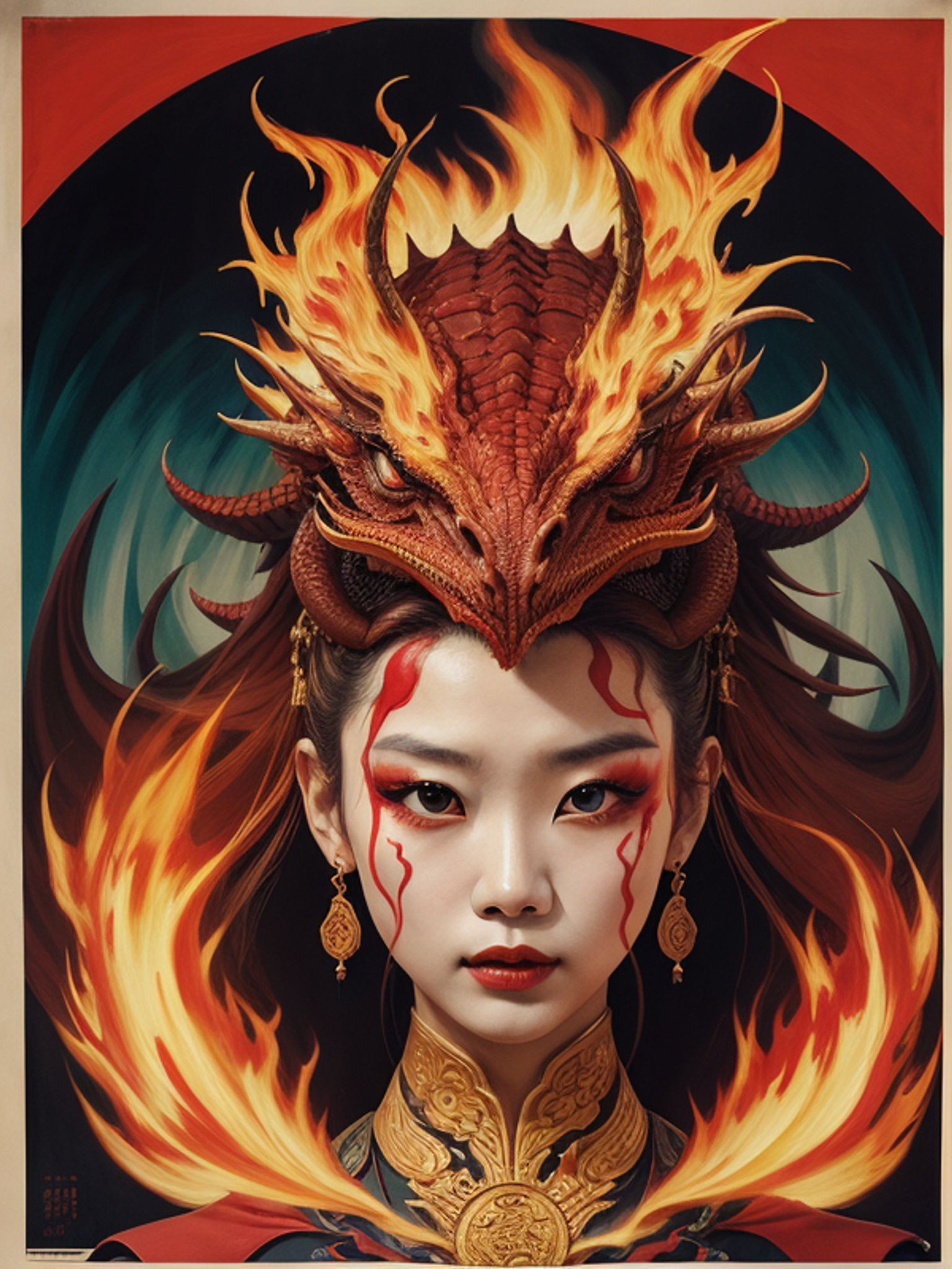 Portrait of a Chinese woman with a fiery dragon headdress.