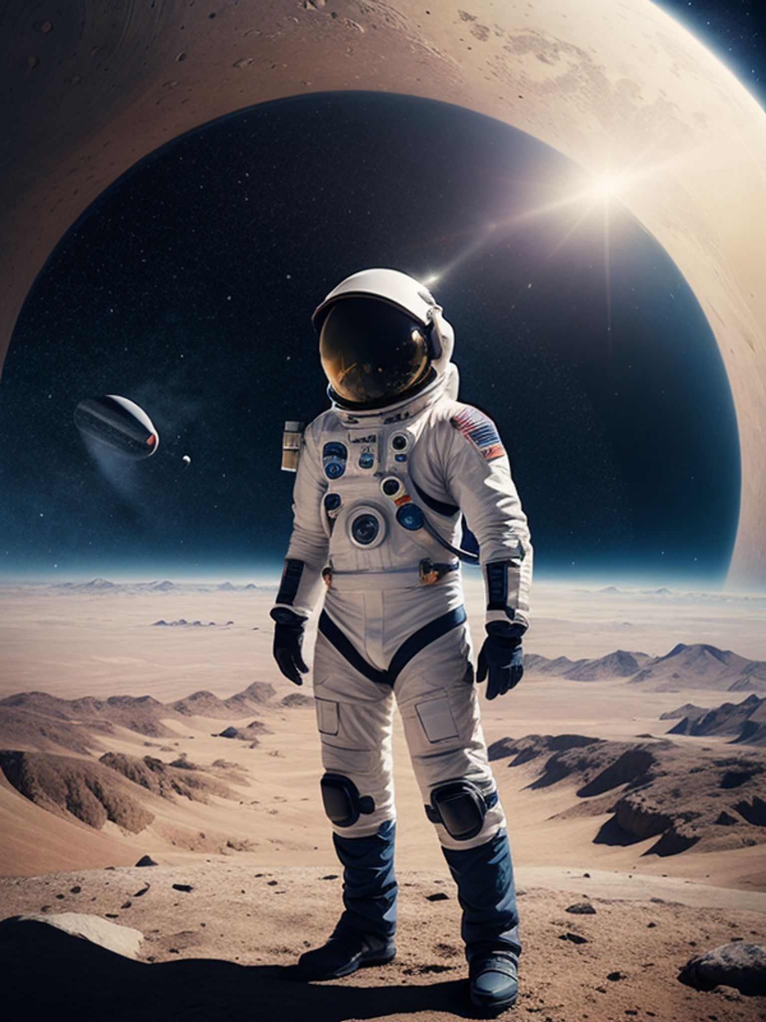 Astronaut standing on a desolate planet, large celestial body in the background.