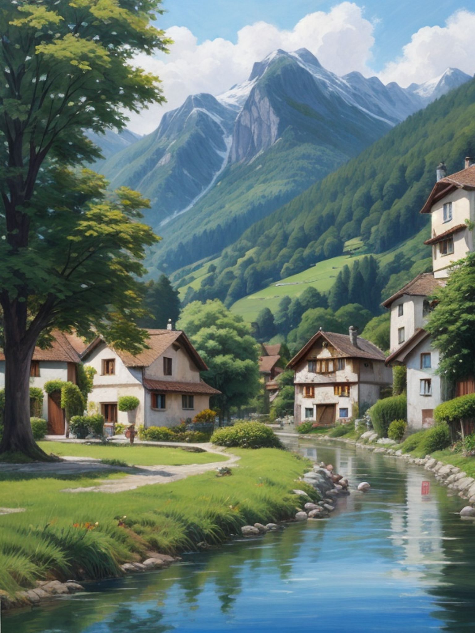 Studio Ghibli-style illustration of a small Swiss village nestled in a valley with mountains in the background and a river flowing through it.