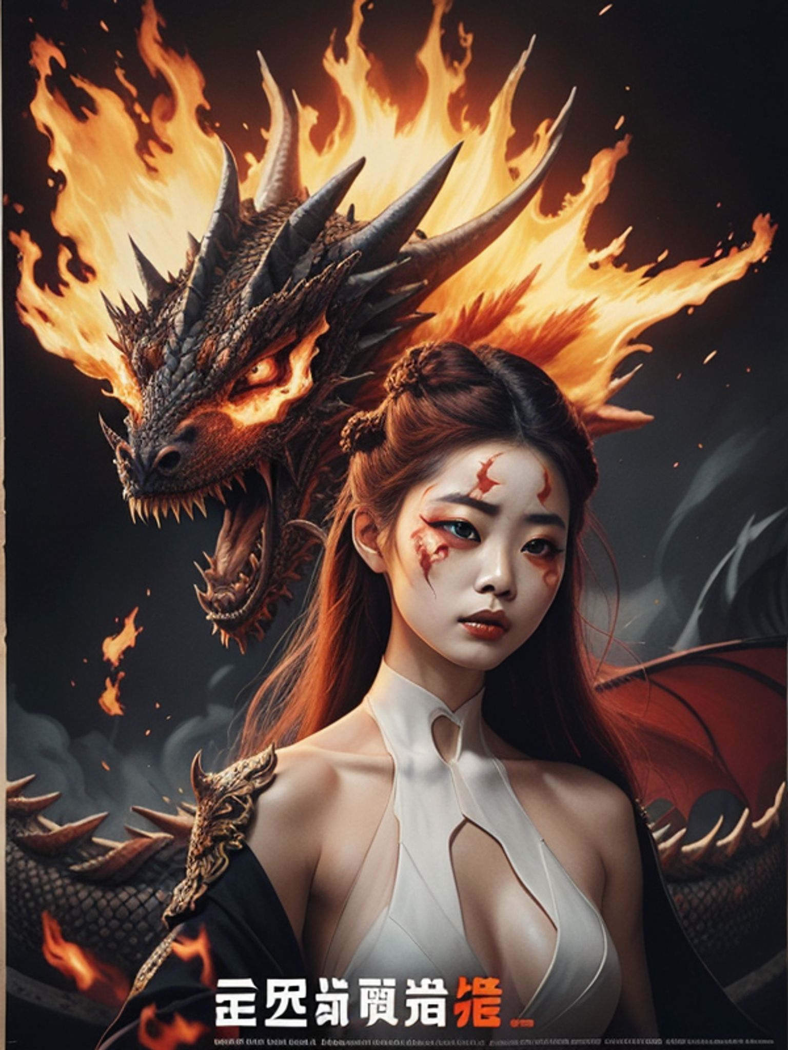 Vintage movie poster featuring a young woman with Asian features and fiery makeup, beside a flaming dragon.