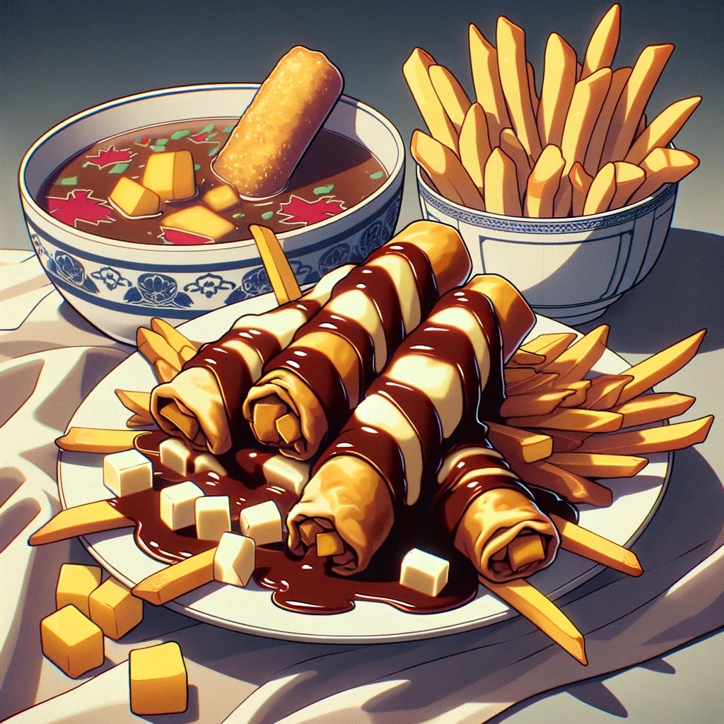 Anime-style illustration of poutine with spring rolls, fries, and gravy, served alongside a bowl of soup.
