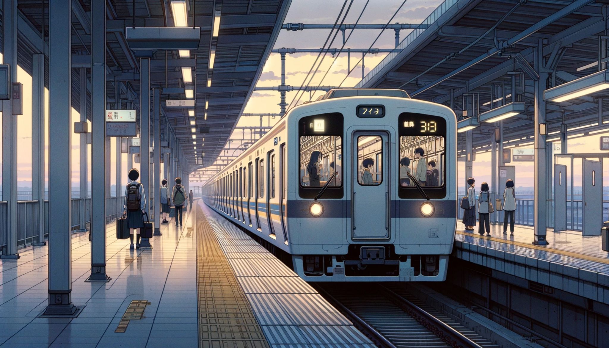 Anime-style illustration of a train arriving at a station platform at sunset, with several students waiting.