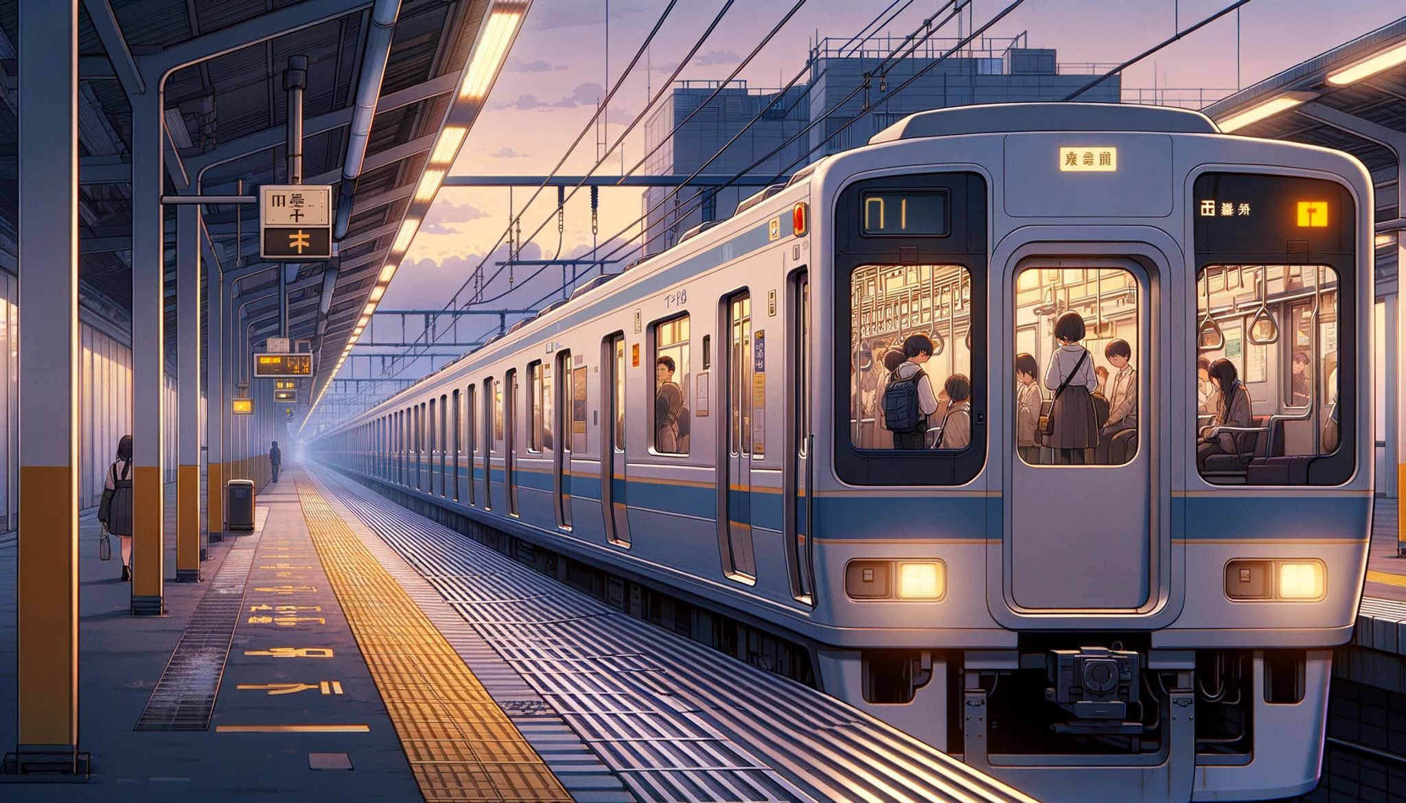 Anime-style illustration of a local train at a station at dusk, with passengers visible inside.
