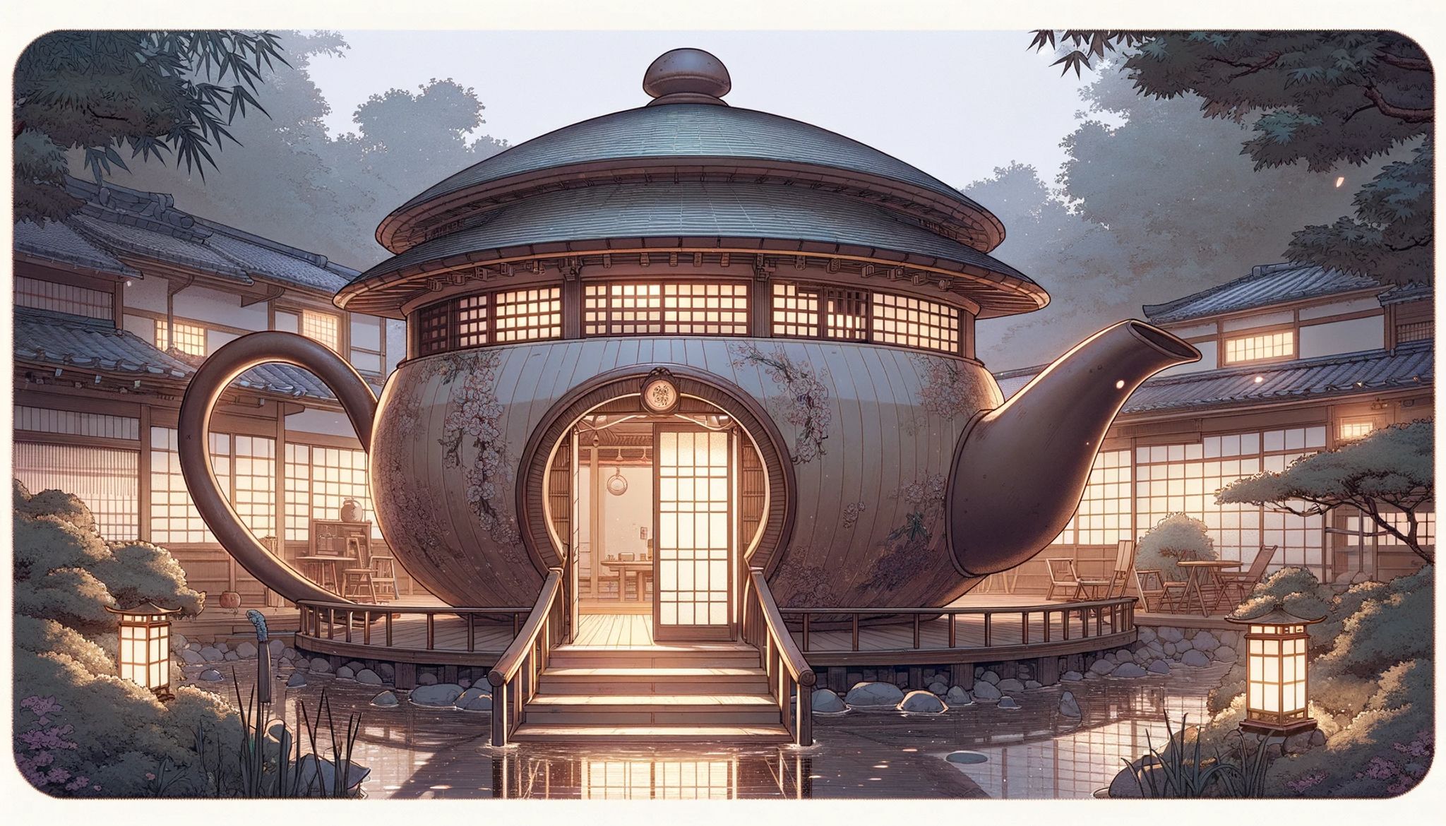 Anime-style illustration of a house shaped like a teapot.